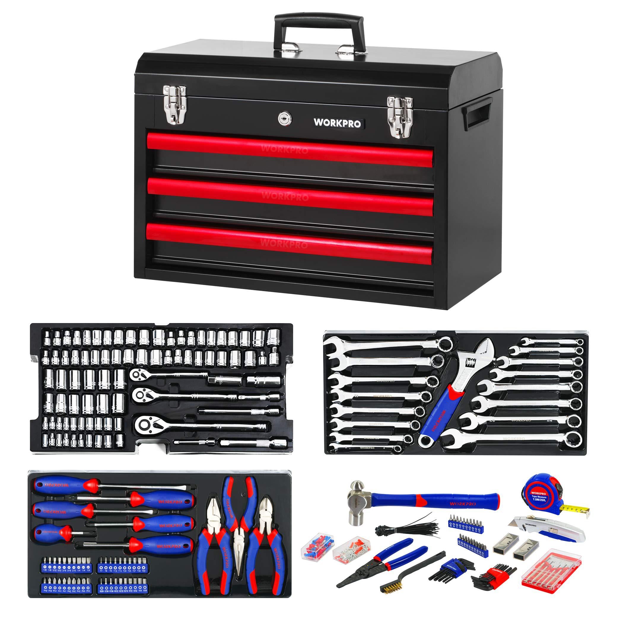 workpro 408-piece mechanics tool set, general household home repair tool kit with 3-drawer heavy duty metal box, hand tool ki