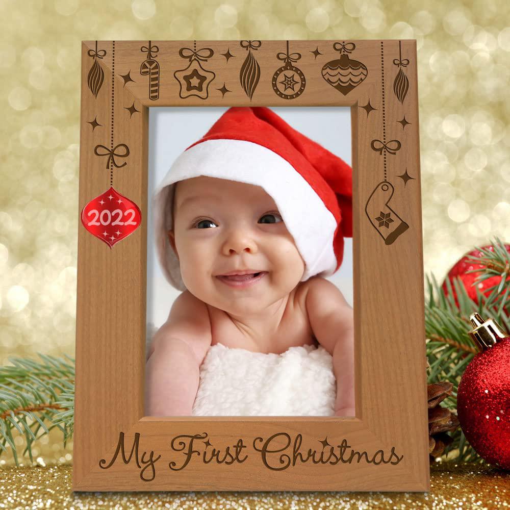 kate posh - 2022 inlaid ornament - my first christmas, baby&s;s 1st christmas engraved natural wood picture frame. santa &a; me f