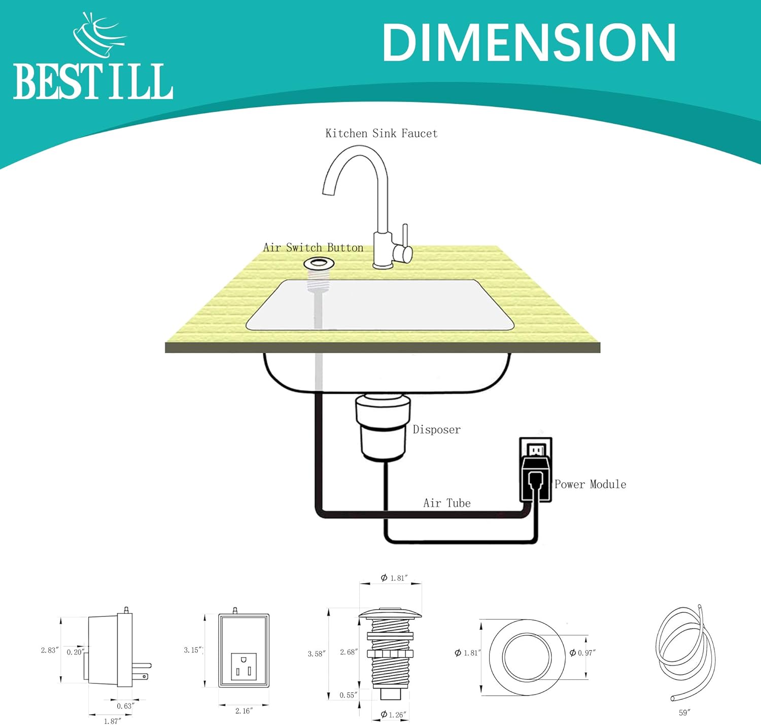 BeStill Garbage Disposal Sink Top Air Switch Kit with Single Outlet, Matte Black (Long Push Button with Brass Cover)