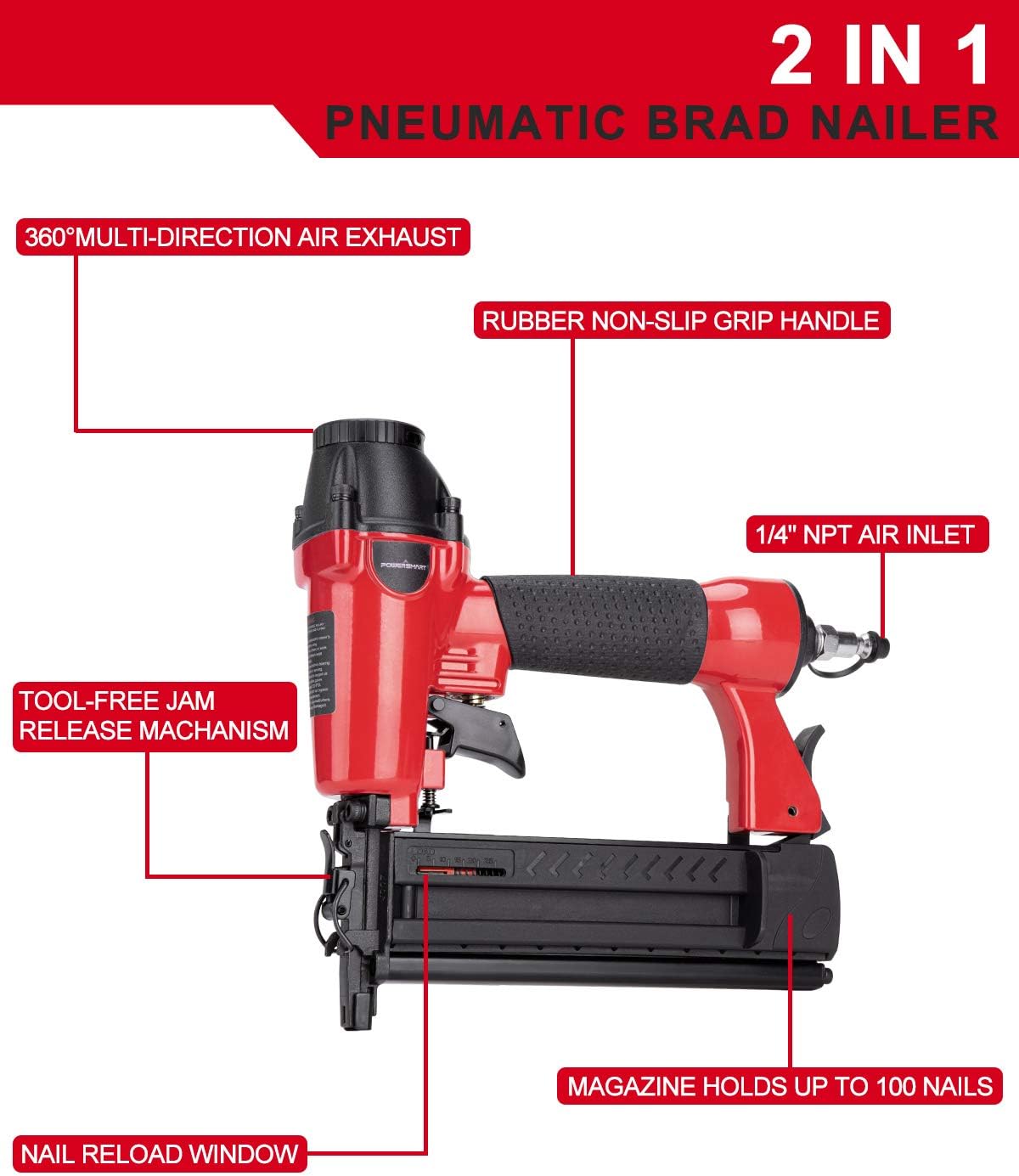 Amerisun Inc Powersmart 18-Gauge Pneumatic Brad Nailer, 2 in 1 Nail Gun and Crown Stapler with Safety Glasses, 5/8-IN to 2-IN Nails, Air pow