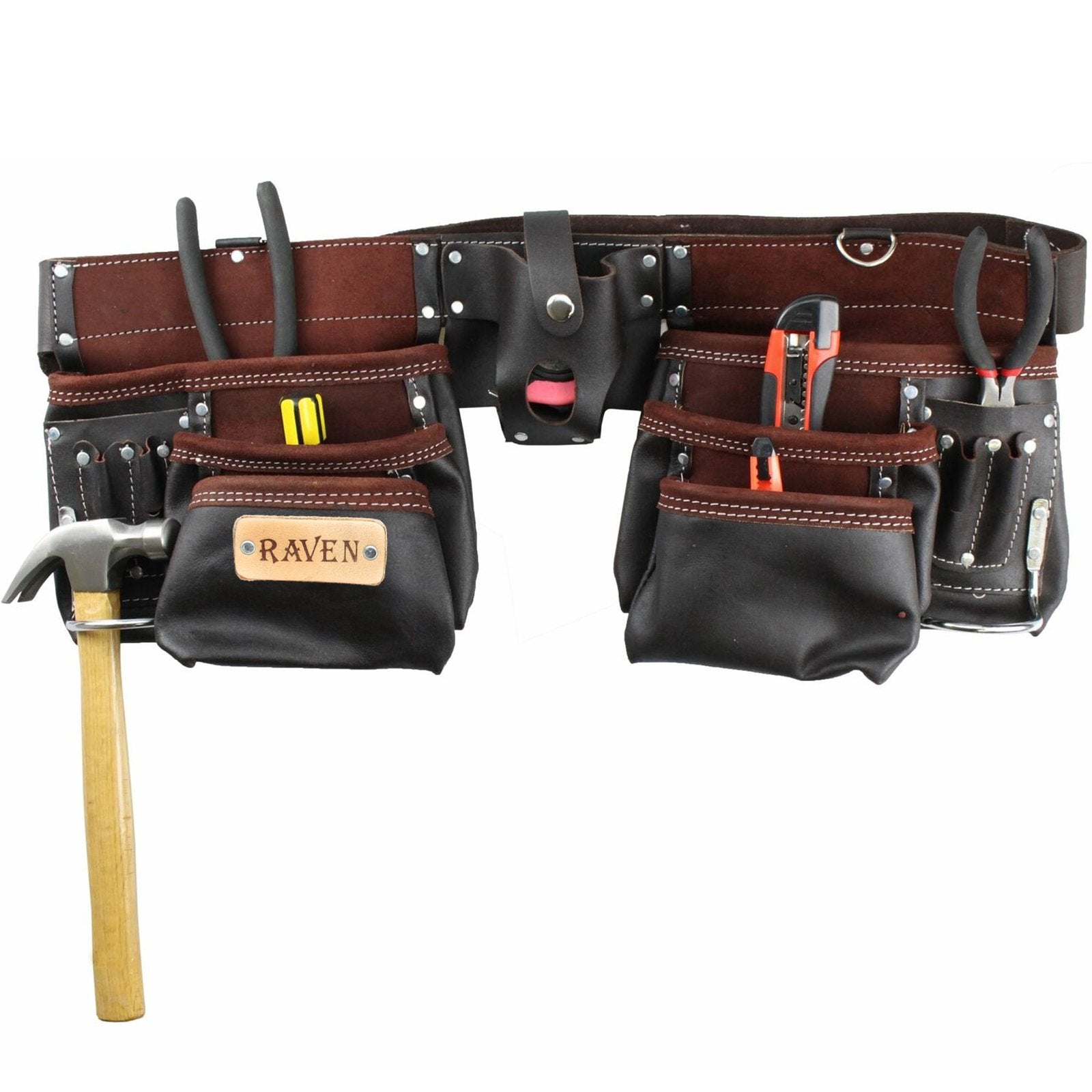 ToolTreaux Heavy Duty 13 Pocket Leather Tool Belt with 2 Steel Hammer Loops, Black Brown