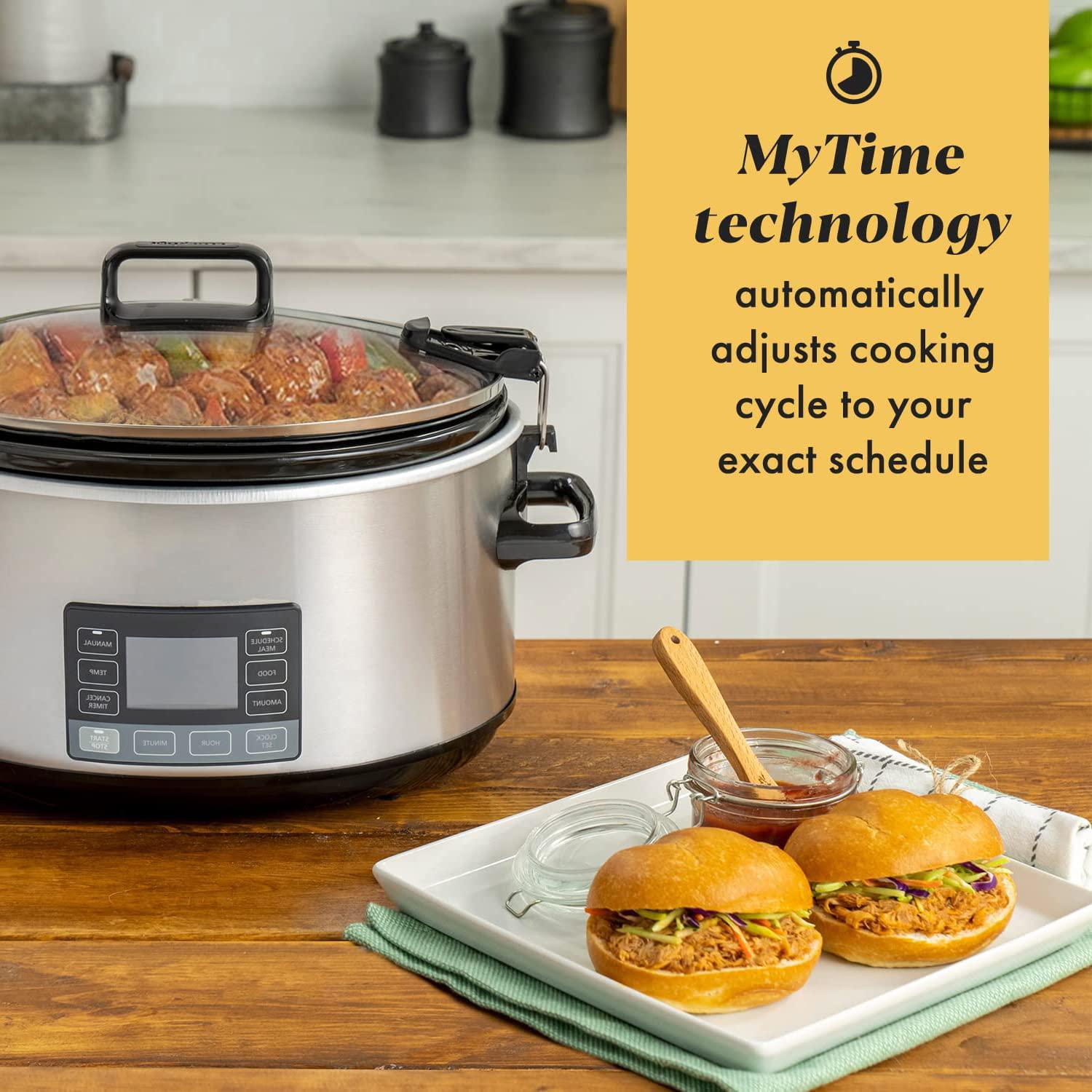 NOZAYA 7-quart electric slow cooker - locking lid and auto adjust cook time technology - stainless steel