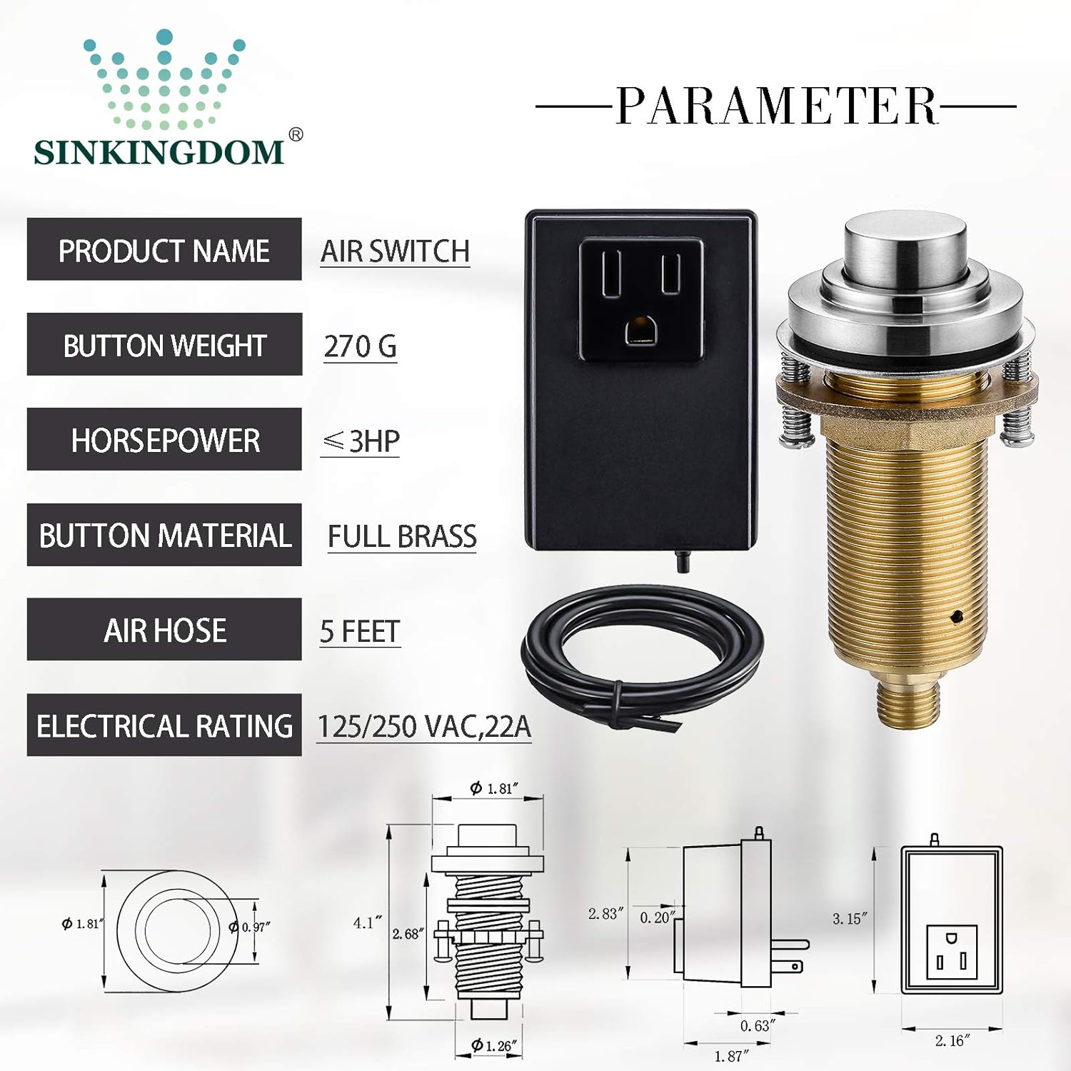 SINKINGDOM SinkTop Air Switch Kit (Long Full Brass Button) for Garbage Disposal, Cordless (Brushed Nickel)