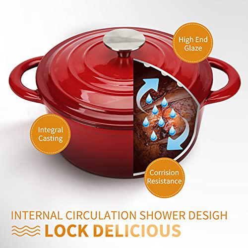 trustmade cast iron dutch oven, 4.5qt enamel coated bread baking pot with self basting lid, great mother&s;s day gifts,red