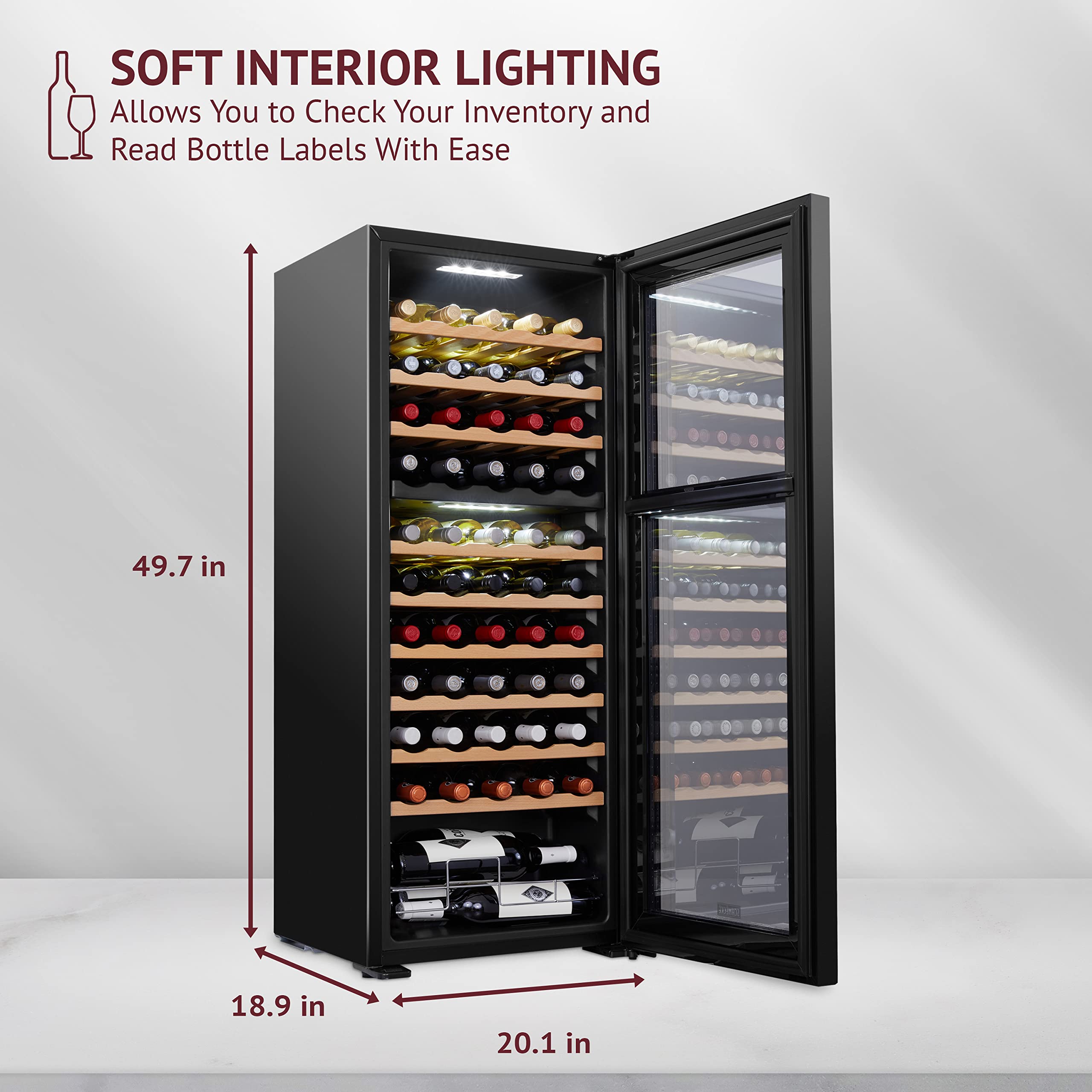 Schmck Schmecke 55 Bottle Dual Zone Wine Cooler Refrigerator | Large Freestanding Wine Cellar | 41f-64f Digital Temperature Control Win