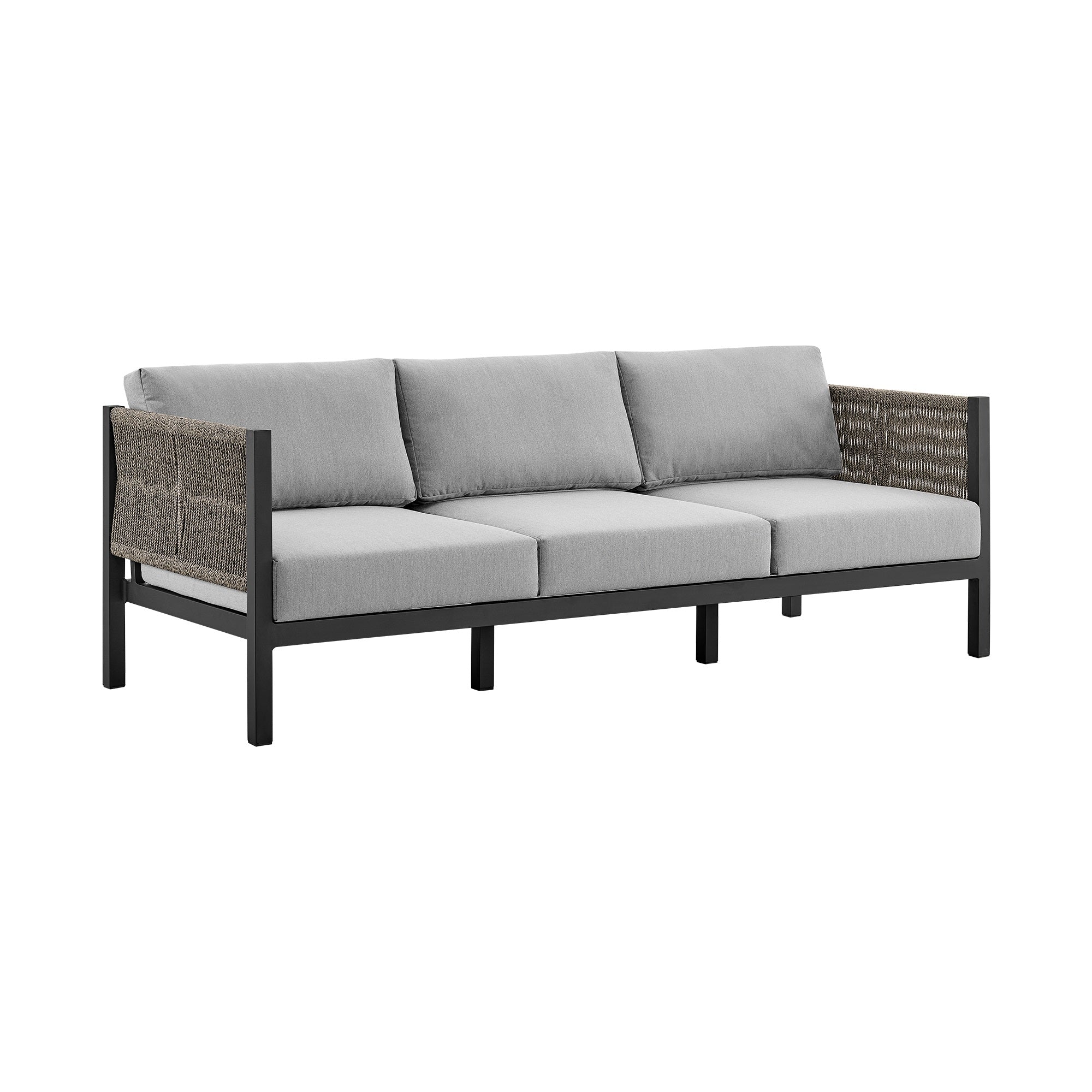 Armen Living Cuffay 4 Piece Outdoor Patio Furniture Set in Black Aluminum and Rope with Grey Cushions