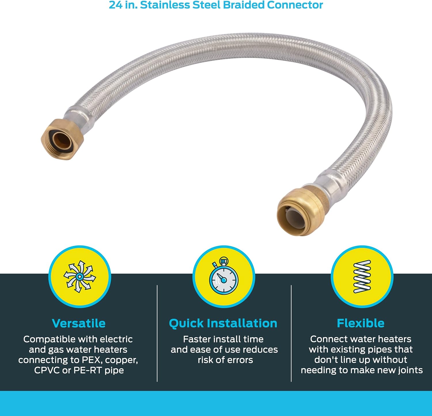 Cash Acme SharkBite 3/4 Inch x 3/4 Inch FIP x 24 Inch Stainless Steel Braided Flexible Water Heater Connector, Push To Connect Brass Plum