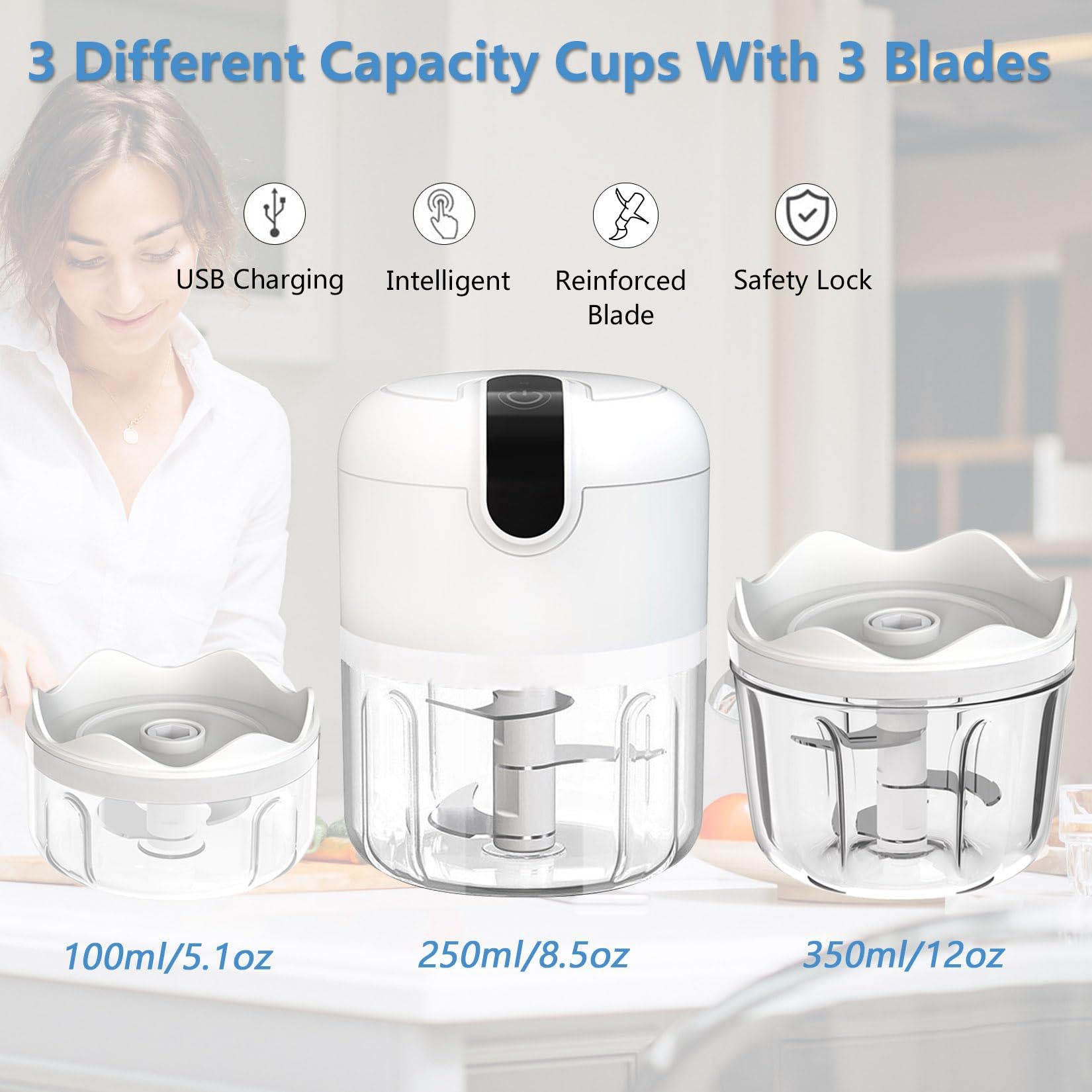 POgEAIR white 3 cup cordless mini food chopper,small food processor for garlic,nut,meat(100+250+350ml)