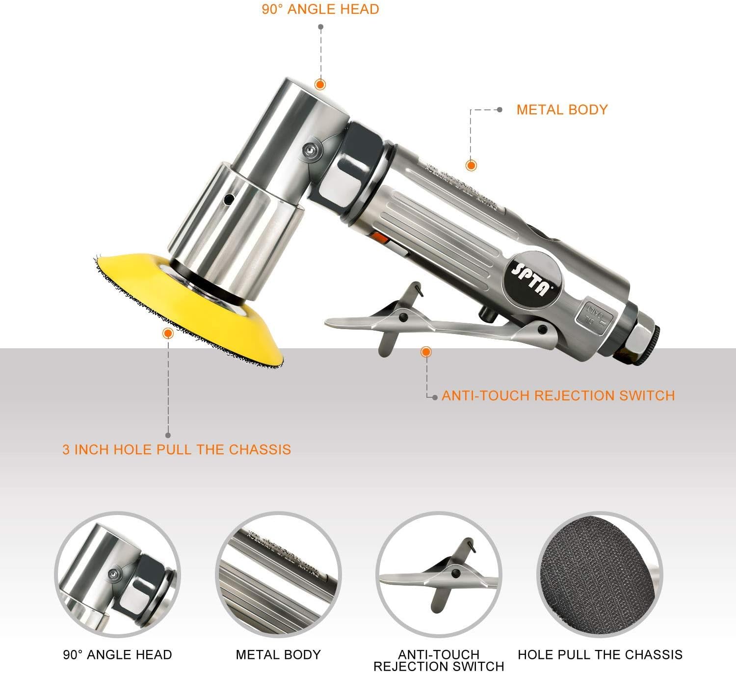 SPTA Mini Air Angle Sander Grinder Air Random Palm Sander Air Orbital Sander with M6 Backing Plate Car Polisher Sets with 36Pcs Mix