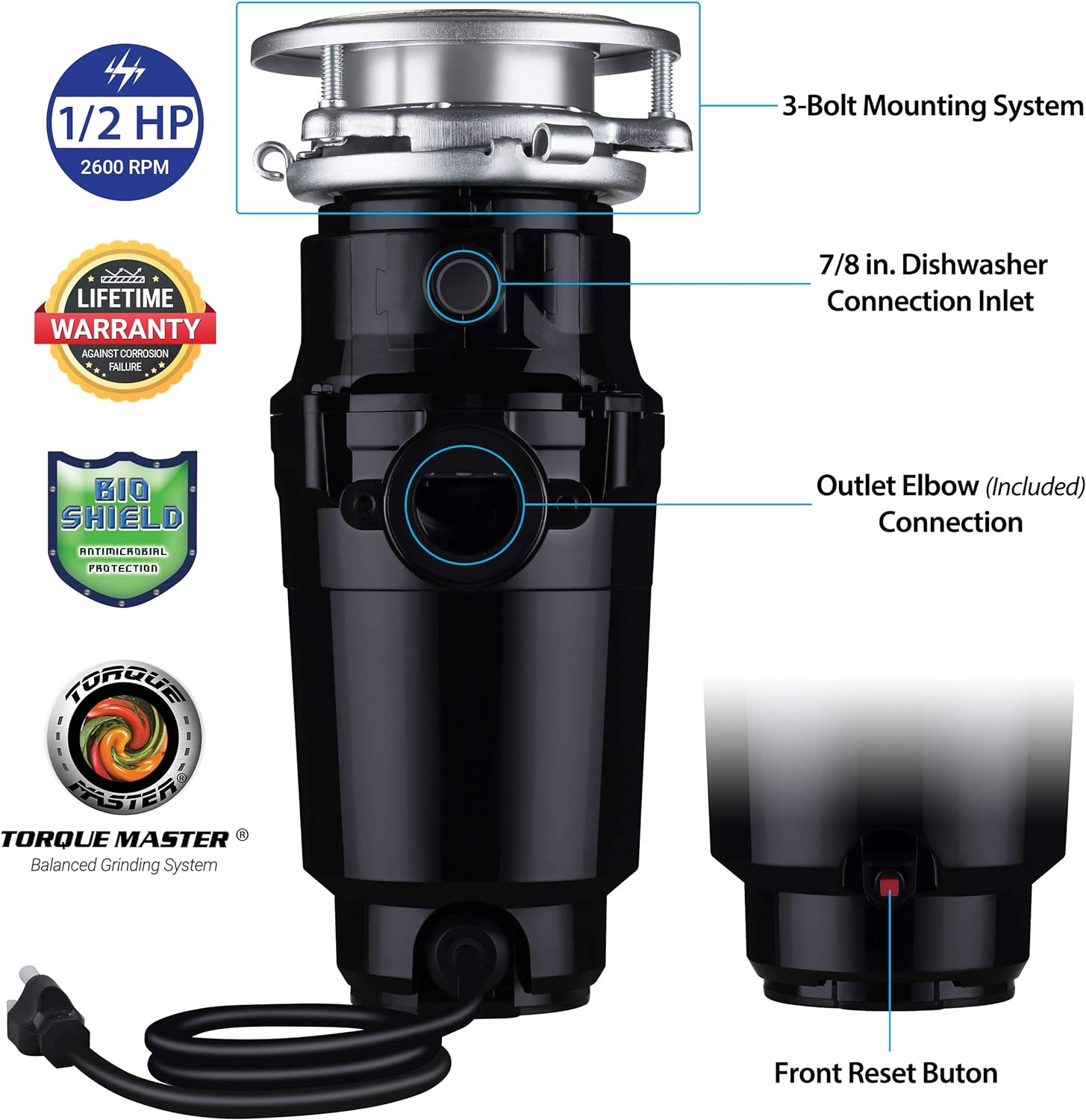 Waste Maid 10-US-WM-058-3B Garbage Disposal, 1/2 HP Economy, Black