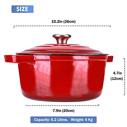 Puricon 5.5 Quart Enameled Cast Iron Dutch Oven, Round Enamel Dutch Ovens Pot -Red