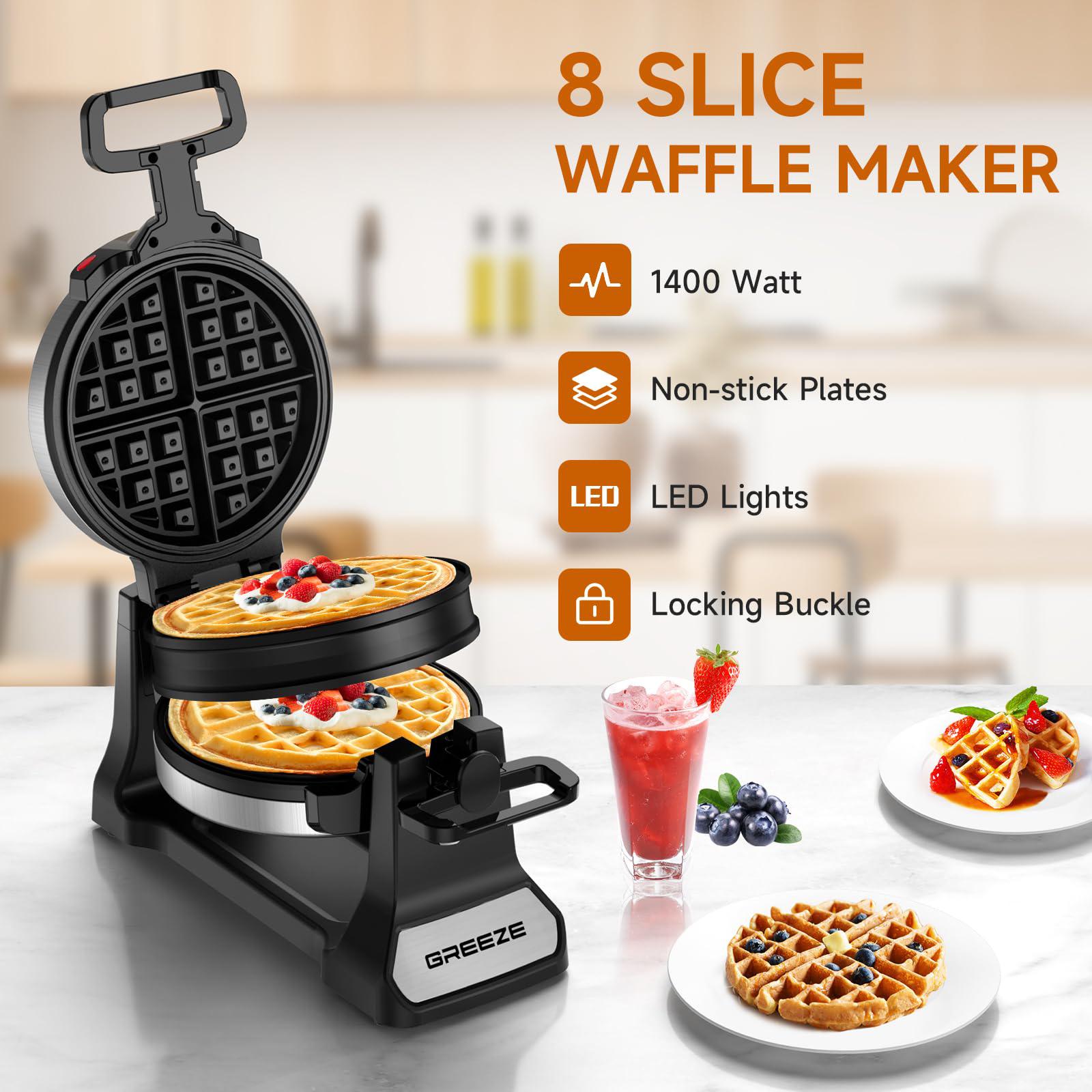 greeze double belgian waffle maker, 1400w newest stainless steel waffle iron 180 flip, 8 slices, rotating &a; nonstick plates w