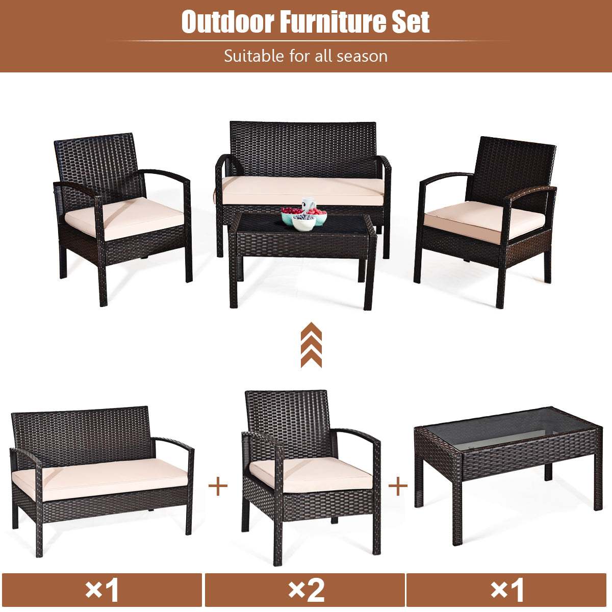 Costway 4PCS Patio Rattan Conversation Furniture Set Cushioned Seat Glass Table