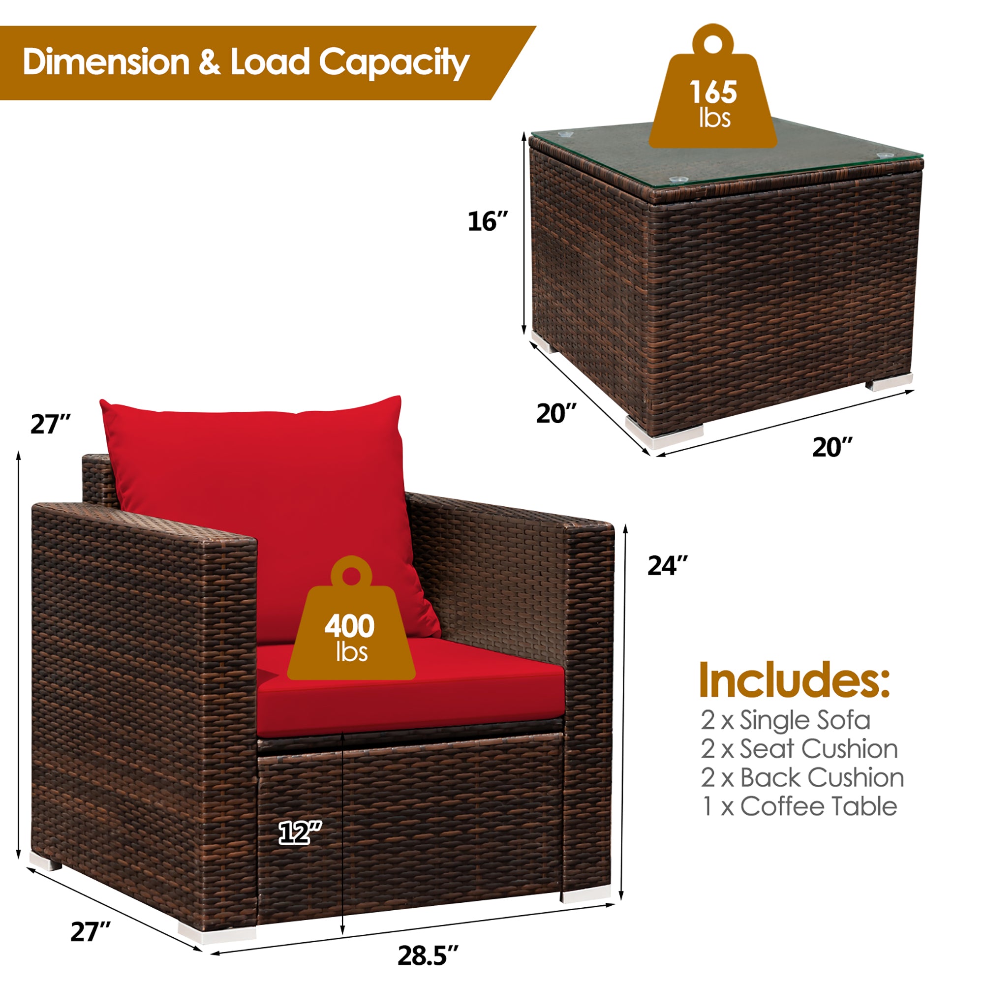 Costway 3PCS Patio Rattan Furniture Set Conversation Sofa Cushioned Turquoise\Red