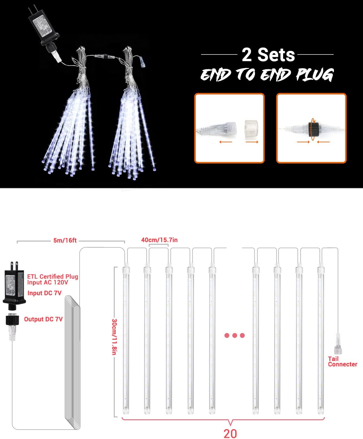 Flacchi Cool White 20 Tubes Meteor Shower Icicle Lights 480 LED Raindrop Lights with Timer Function Cascading Lights Falling Rain Light