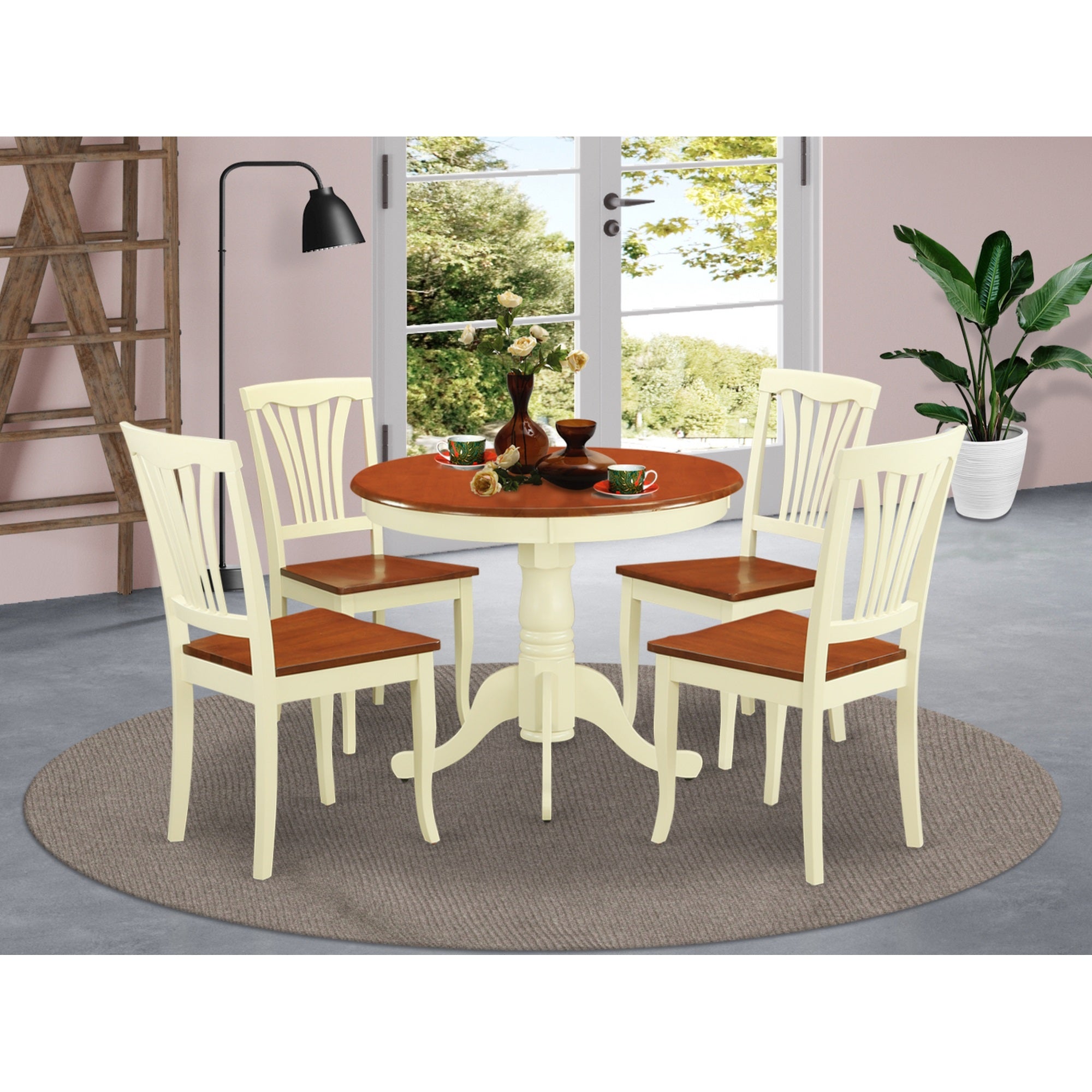 East West Furniture ANAV5-WHI-W 5 Pc small Kitchen Table set-round Kitchen Table and 4 Chairs for Dining room