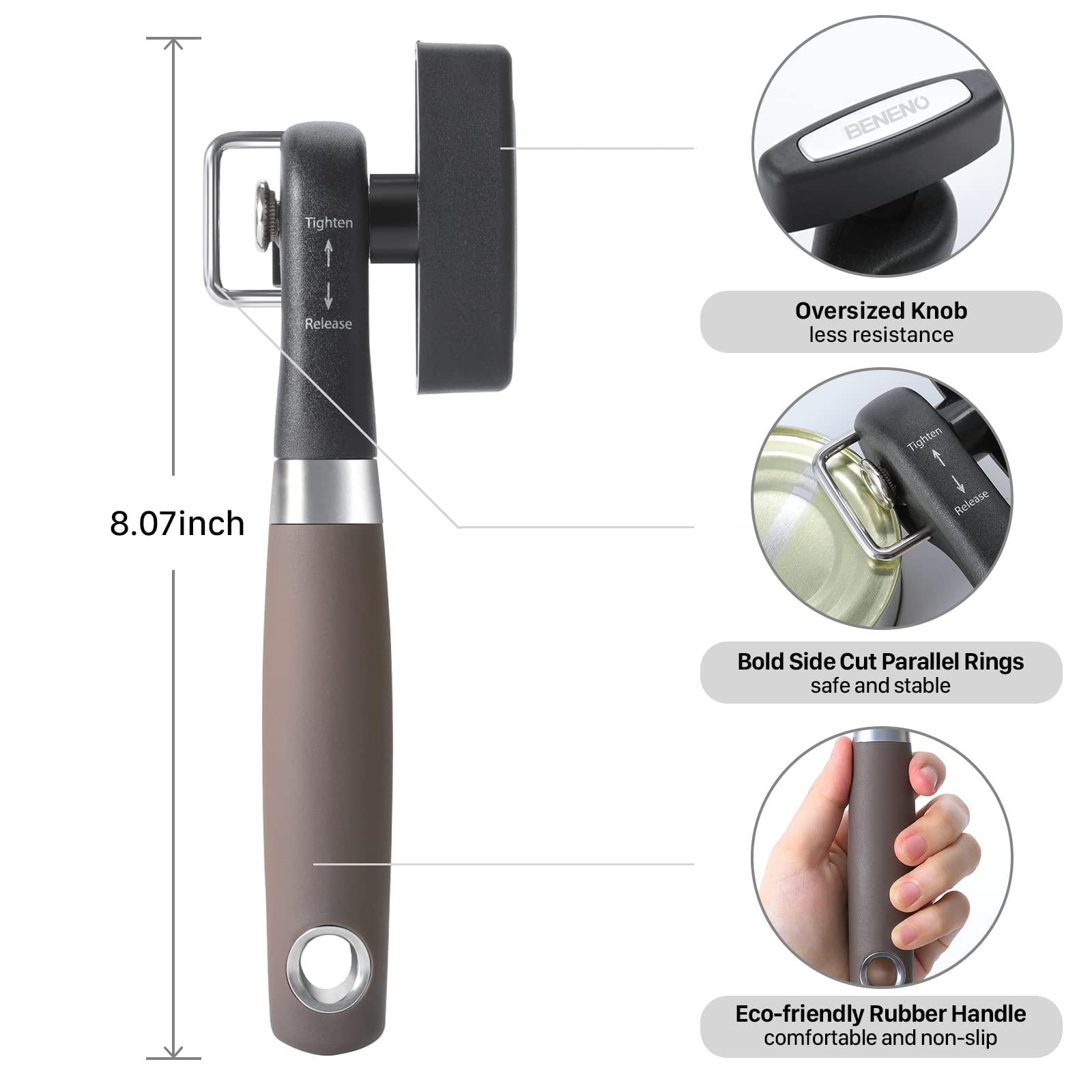 Beneno can opener smooth edge, side cut can opener manual with durable sharp blade, safe cut manual can opener with non-slip rubber