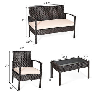 Gymax 8PCS Outdoor Patio Rattan Conversation Furniture Set Cushioned Seat Glass Table Garden Furniture