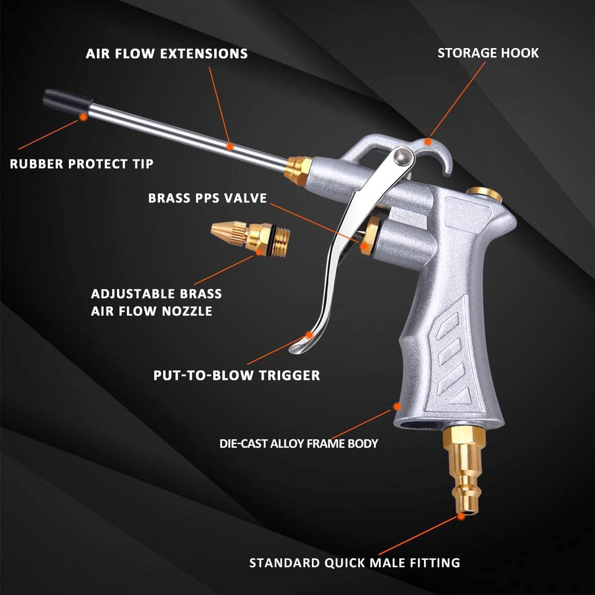 Mingfeng Corporation Industrial Air Blow Gun with Brass Adjustable Air Flow Nozzle and 2 Steel Air flow Extension, Pneumatic Air Compressor Accessor
