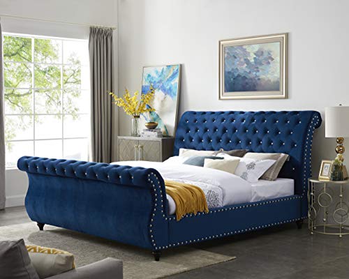 Roundhill Furniture Evora Velvet Upholstered Button Tufted, King, Black