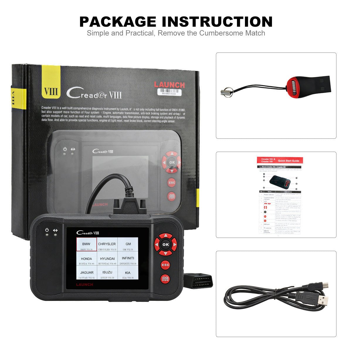 Launch X431 OBD2 Scanner Viii Vehicle Code Reader for ENG/AT/ABS/SRS/EPB/SAS/Oil Service Light Resets