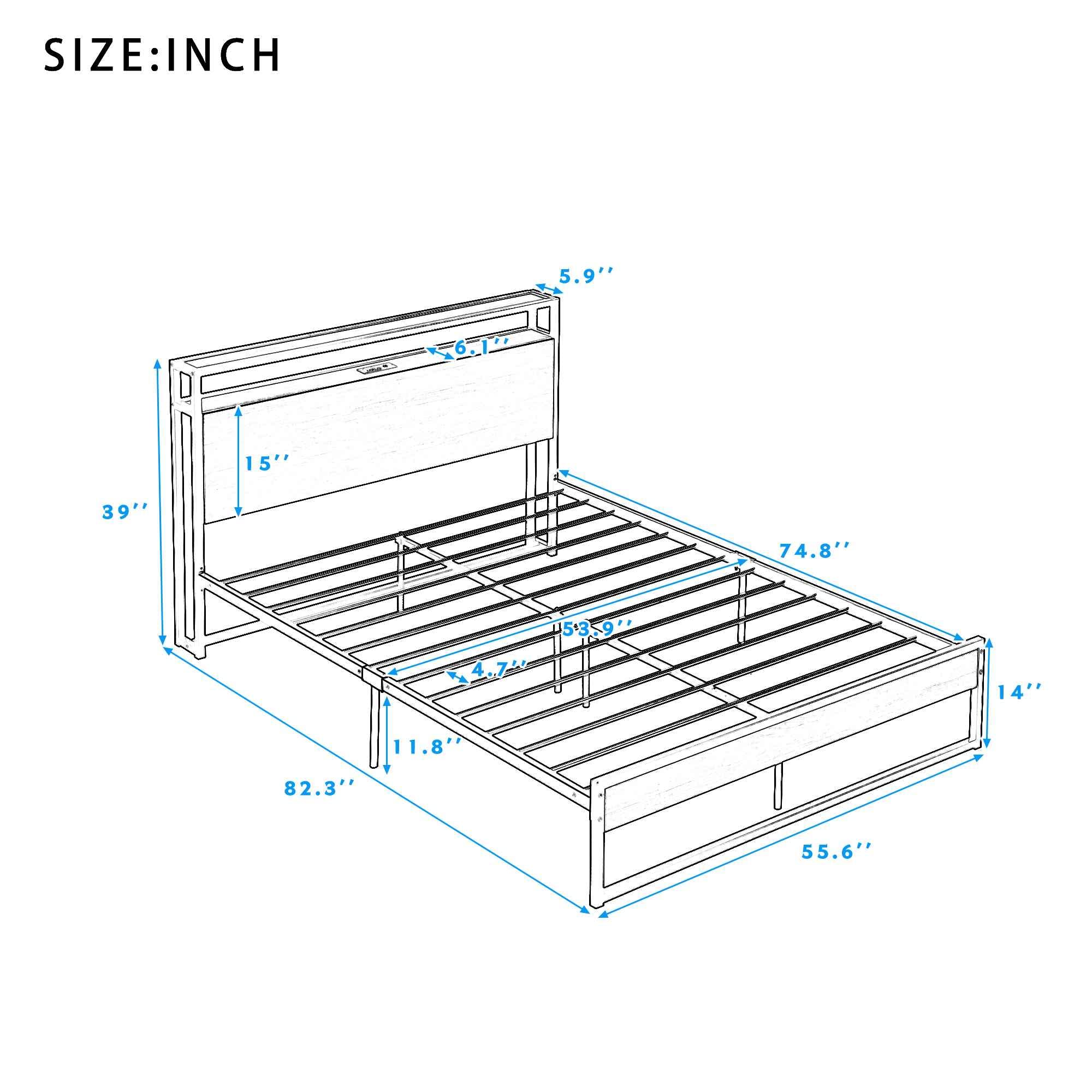 ATY Full Size Platform Bed with Sockets and USB Ports, Metal Bedframe wSlat Support, Bedroom Furniture for Kids, Teens, Adults,