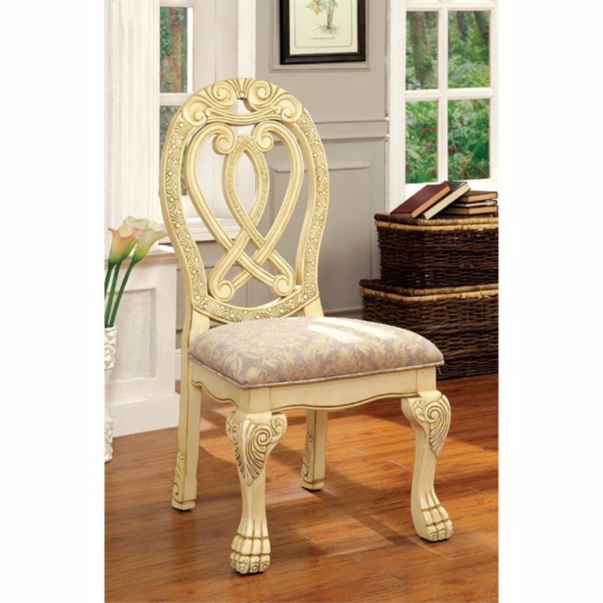 Benzara Wyndmere Traditional Side Chair, Cream Finish, Set of 2