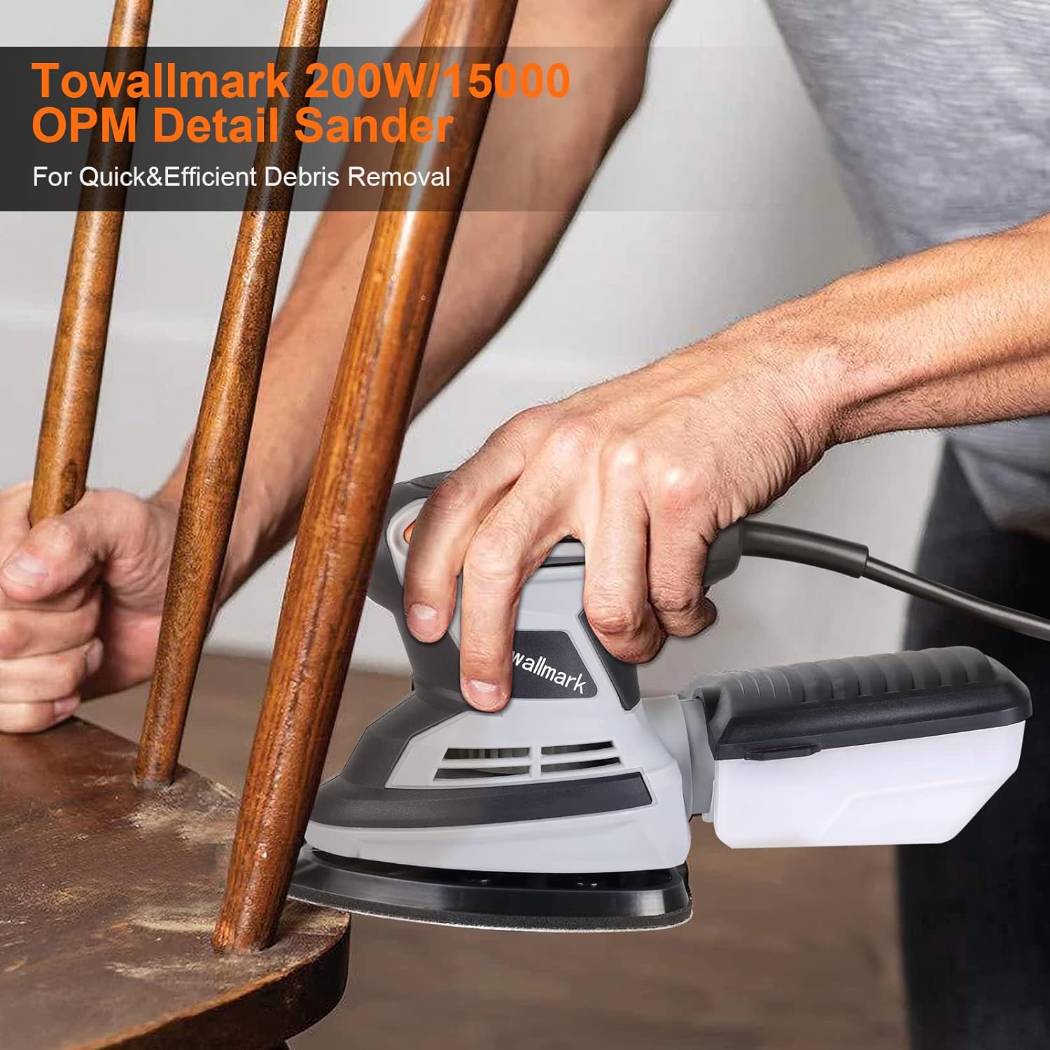 towallmark Detail Sander  15,000 OPM Compact Electric Sander with 12Pcs Sandpapers,Efficient Dust Collection System, Multi-Function Hand S