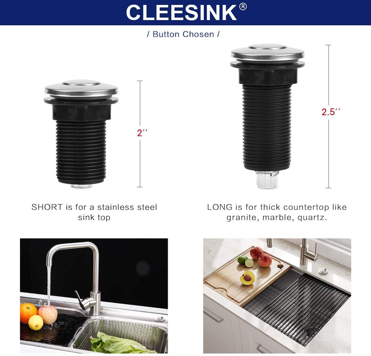Cleesink Air Activated Switch Button with Air Hose, Sink Top Black Push Button for Food Waste Garbage Disposal Part (LONG, 2.5 Inch)