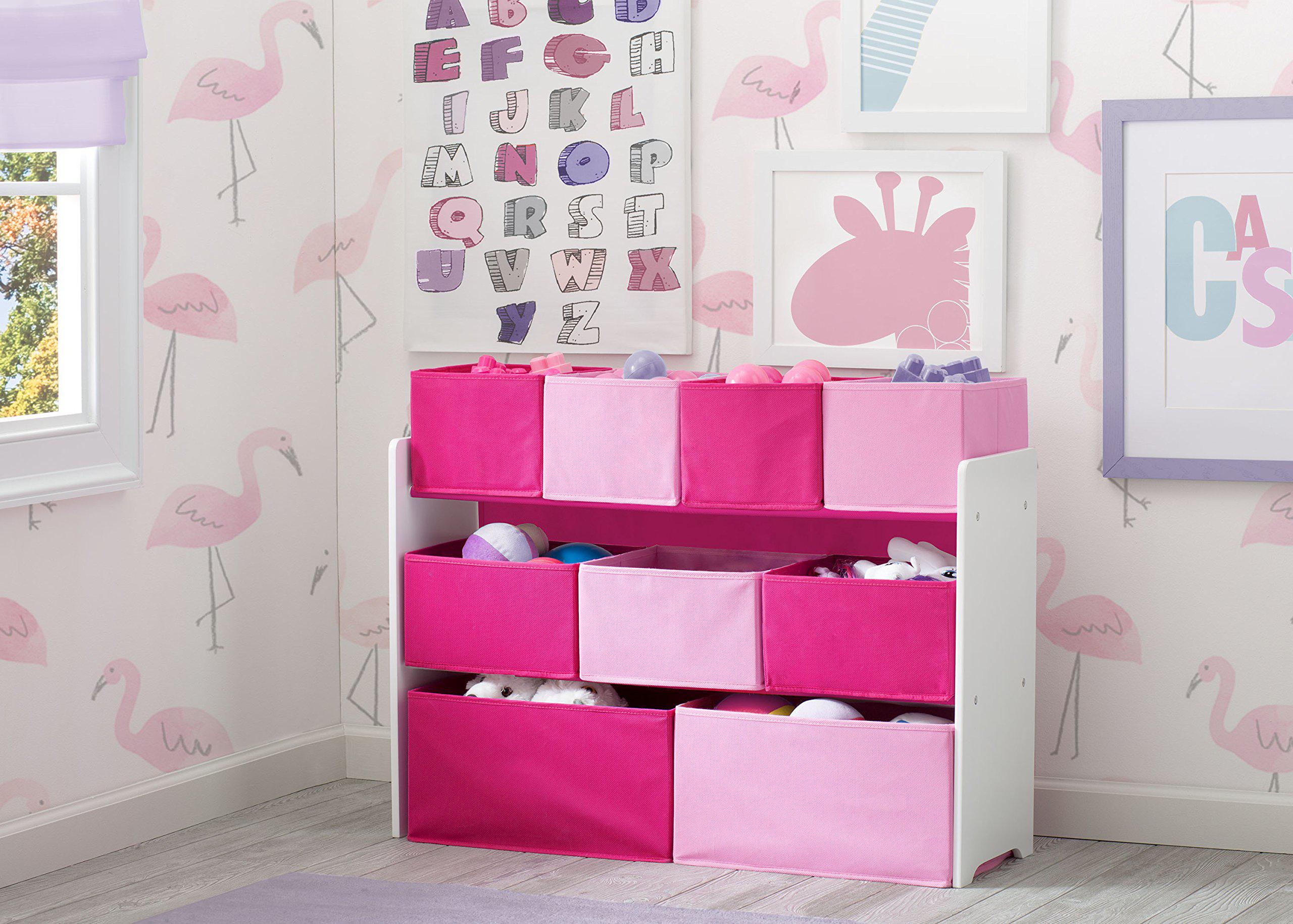 delta children deluxe multi-bin toy organizer with storage bins - greenguard gold certified, white/pink bins