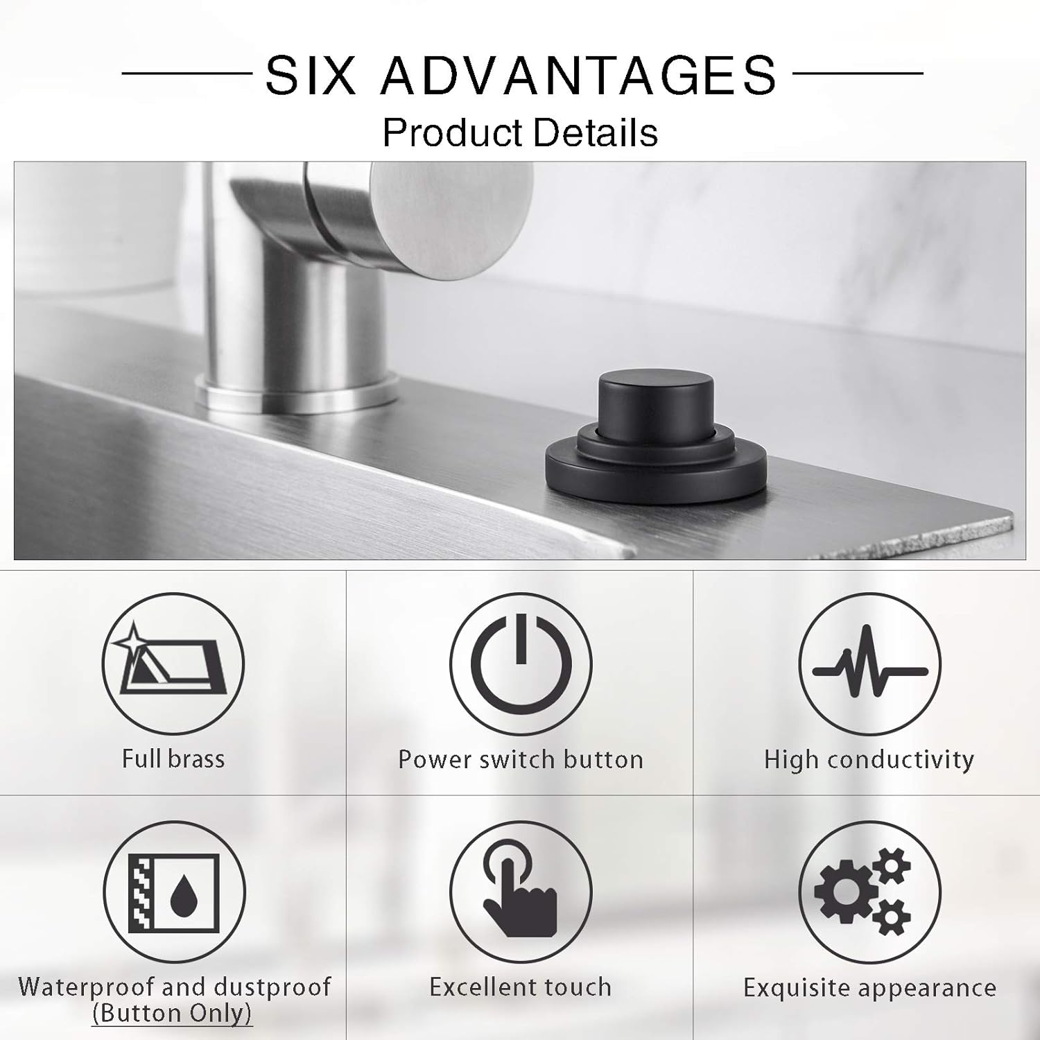SINKINGDOM SinkTop Air Switch Kit (Long Full Brass Button) for Garbage Disposal, Cordless (Matte Black)