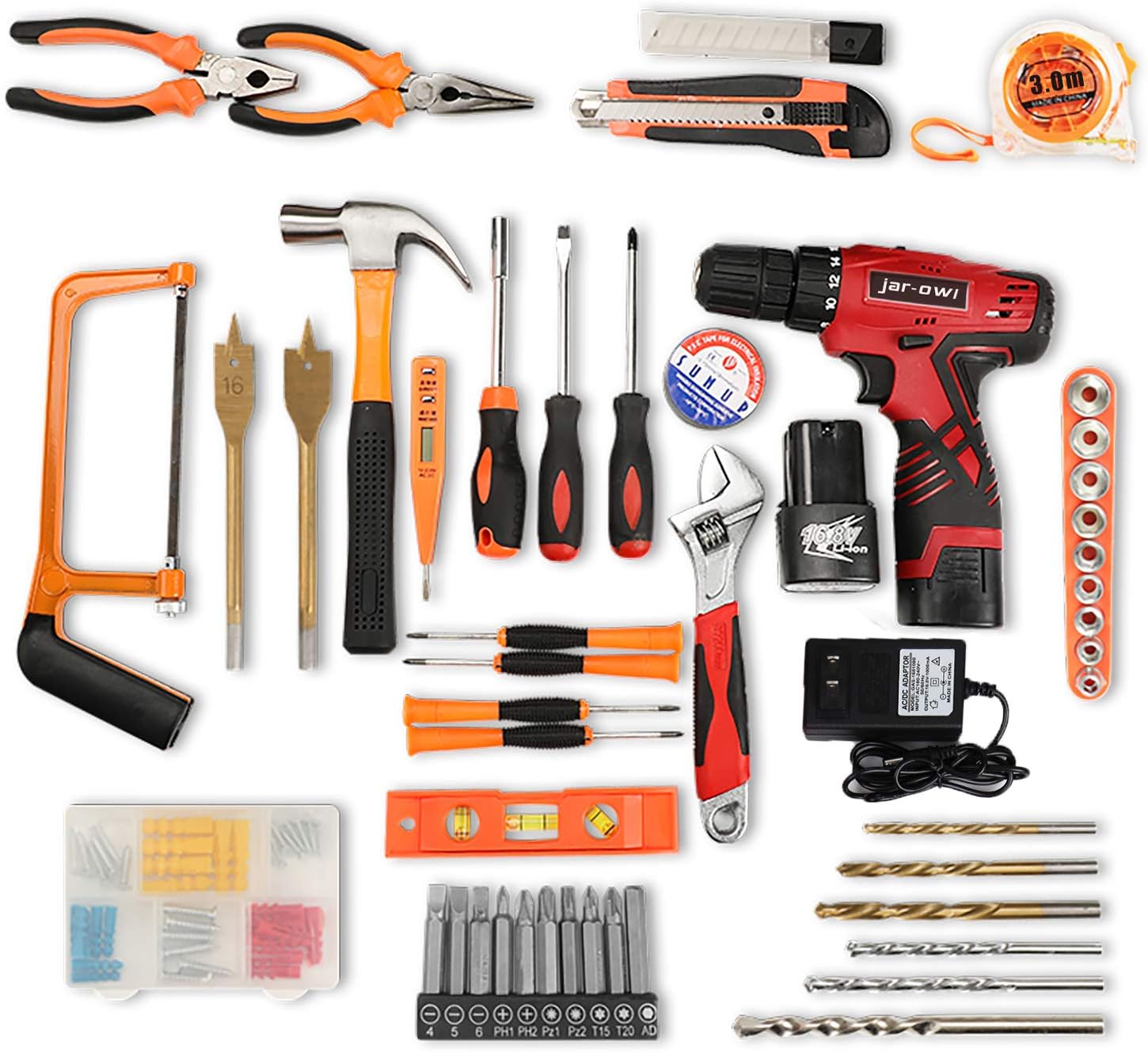 JAR-OWL 108 Piece Power Tool Combo Kits with 16.8V Cordless Drill, Household Tools Set with DIY Hand Tool Kits for Professional Garden