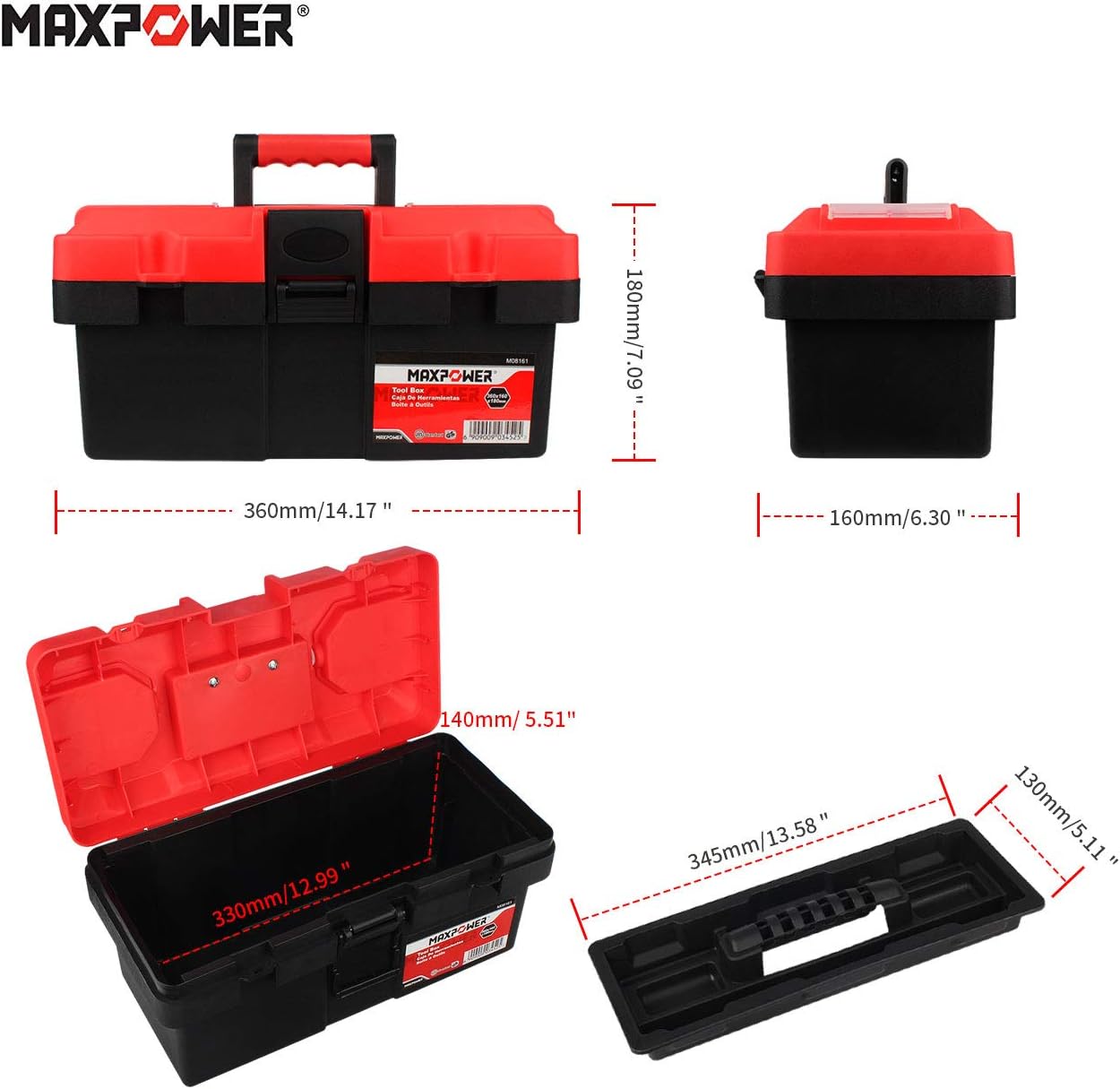 Maxpower Tool Box 14-inch Plastic Small Tool Boxes with Removable Tray with Dual Lock Secured, Red