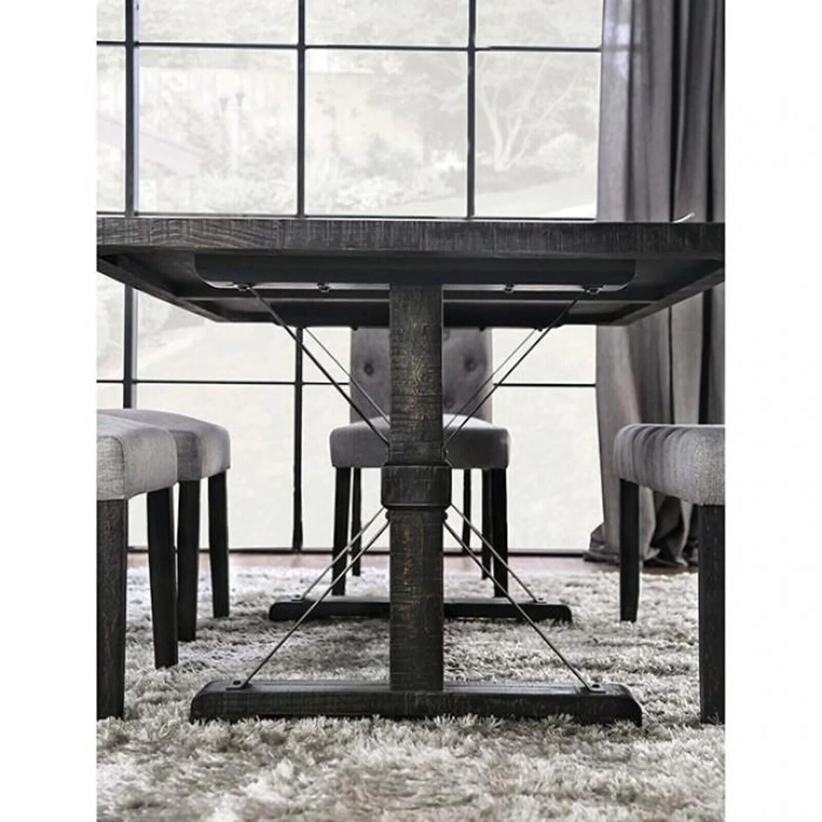 Esofastore Rustic 6p Dining Set Round Dining Table 4x Side Chairs Bench Gray Fabric Button Tufted Scroll Back Chair Dining Room Solid wood