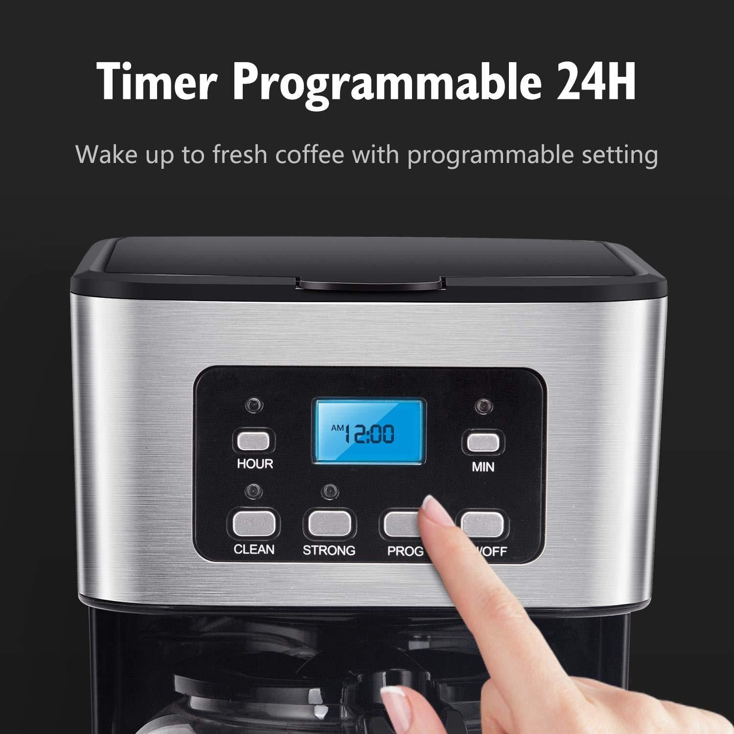 taylor swoden programmable coffee maker, 4-12 cups drip coffee machine with glass carafe, regular &a; strong brew, pause &a; serv