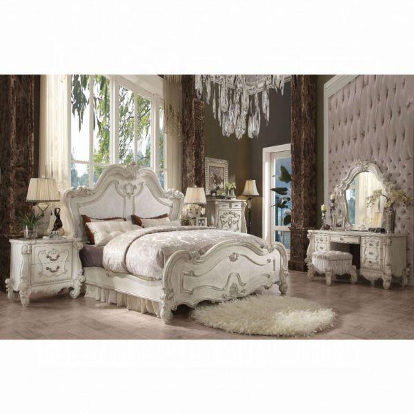 Acme Furniture Versailles Collection 21760Q Queen Size Bed with Raised Scrolled Trim Leaf Crown Motif Low Profile Footboard Arch