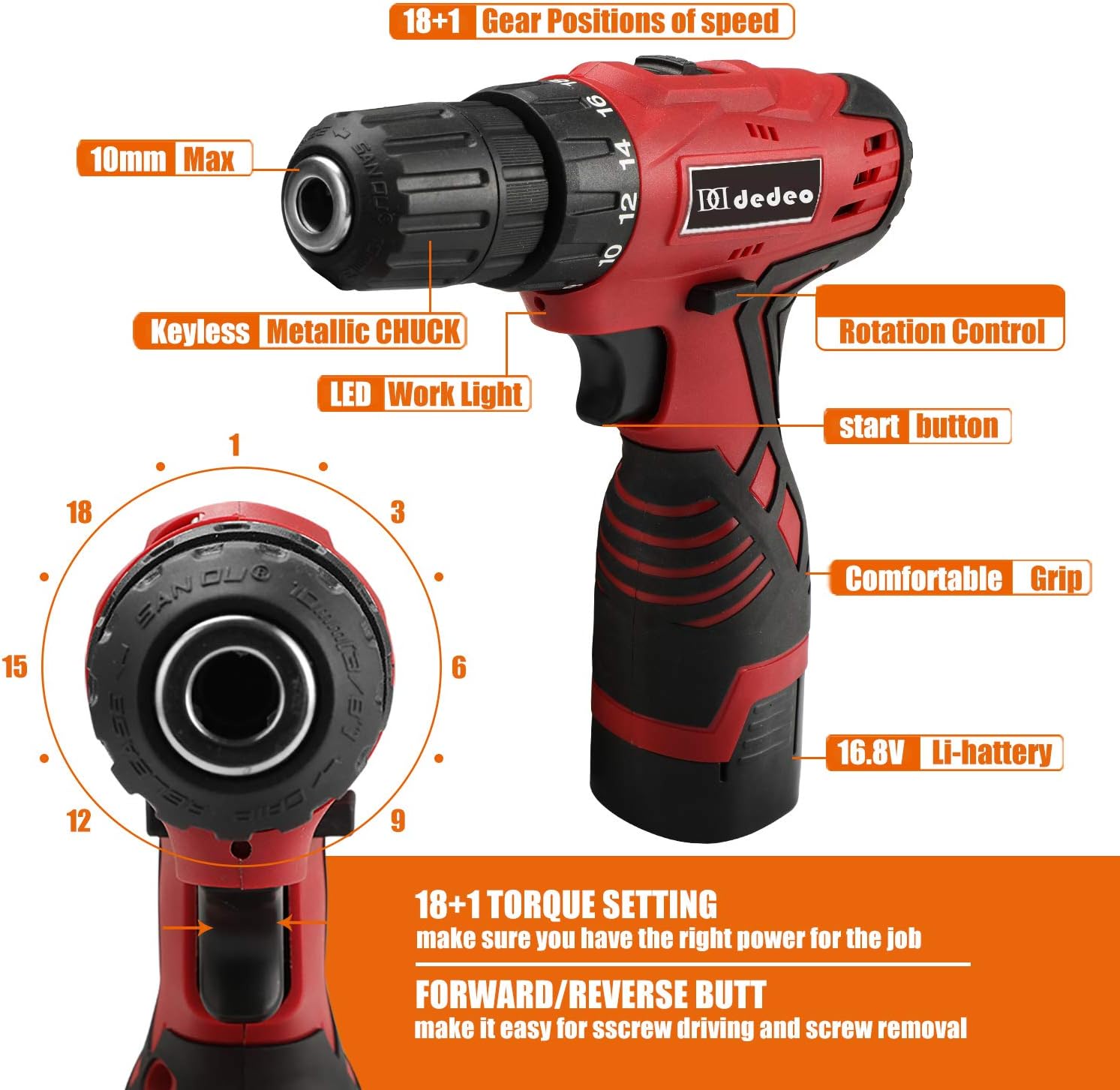DD dedeo Dedeo Cordless Hammer Drill Tool Kit, 60Pcs Household Power Tools Drill Set with 16.8V Lithium Driver Claw Hammer Wrenches Plie