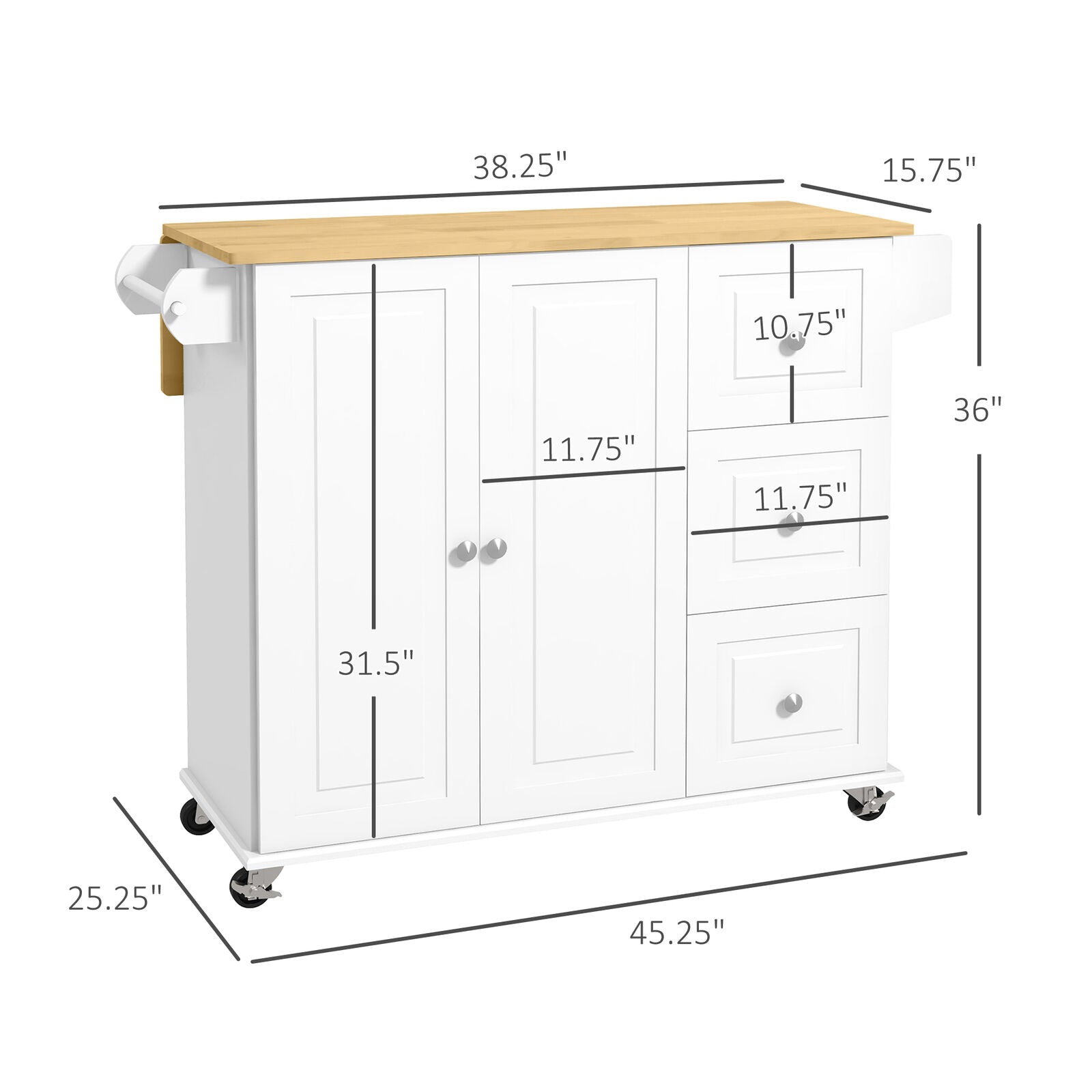 GCP Products Kitchen Island On Wheels, Kitchen Cart With Drop Leaf, 3 Drawers
