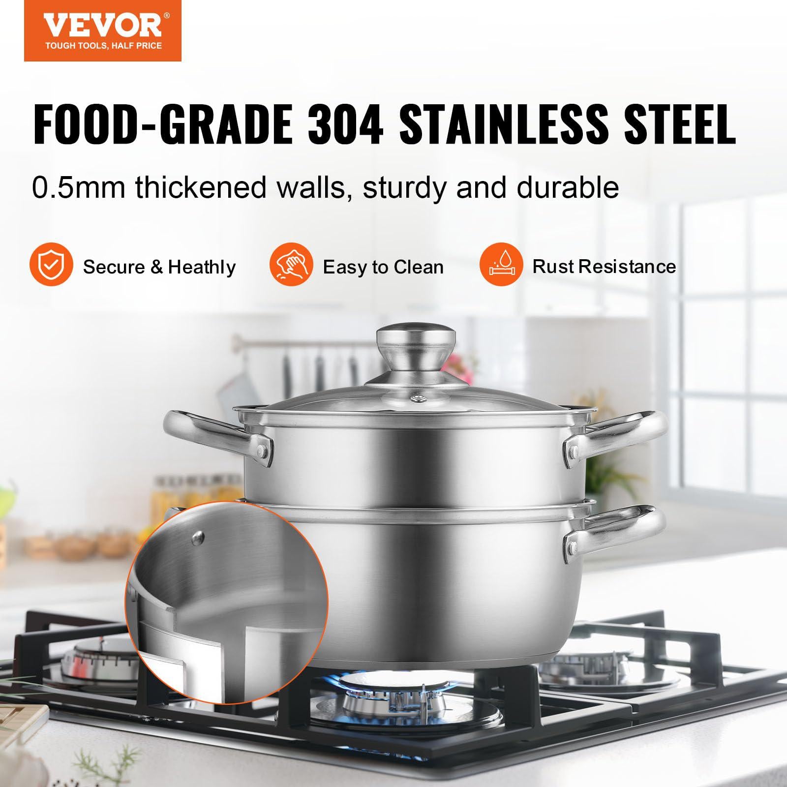vevor steamer pot, 9.5in/24cm steamer pot for cooking with 5qt stock pot and vegetable steamer, food-grade 304 stainless stee