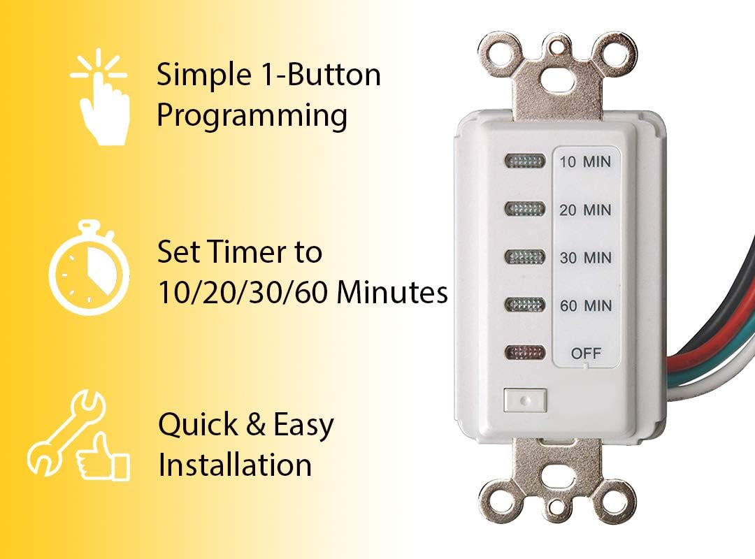 Teklectric Bathroom Fan Auto Shut Off 60-30-20-10 Minute Preset Countdown Wall Switch Timer White 60-Minute (2 Pack)