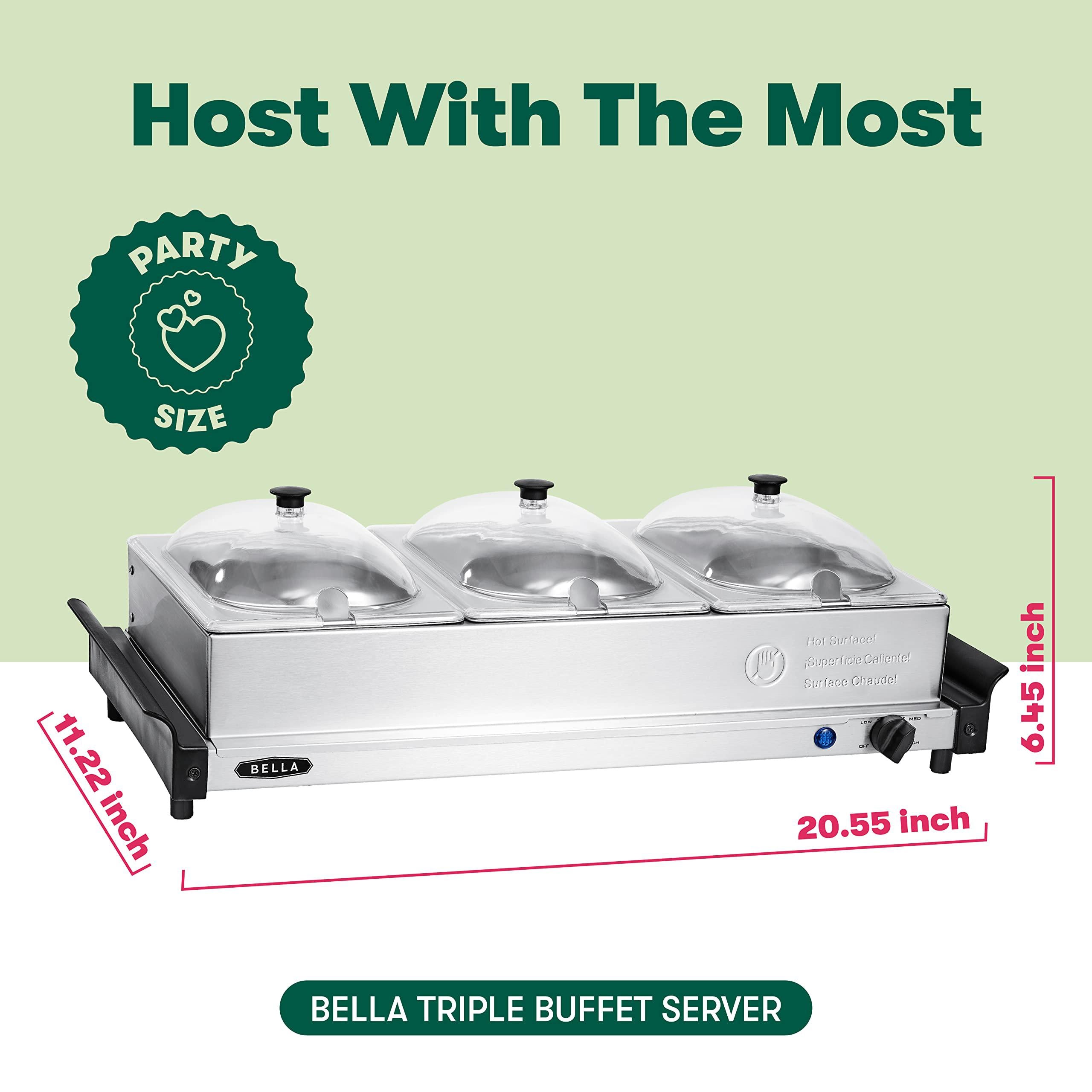 bella 3 x 1.5 quart triple electric buffet server, food warming tray &a; slow cooker - brushed stainless steel heated serving s