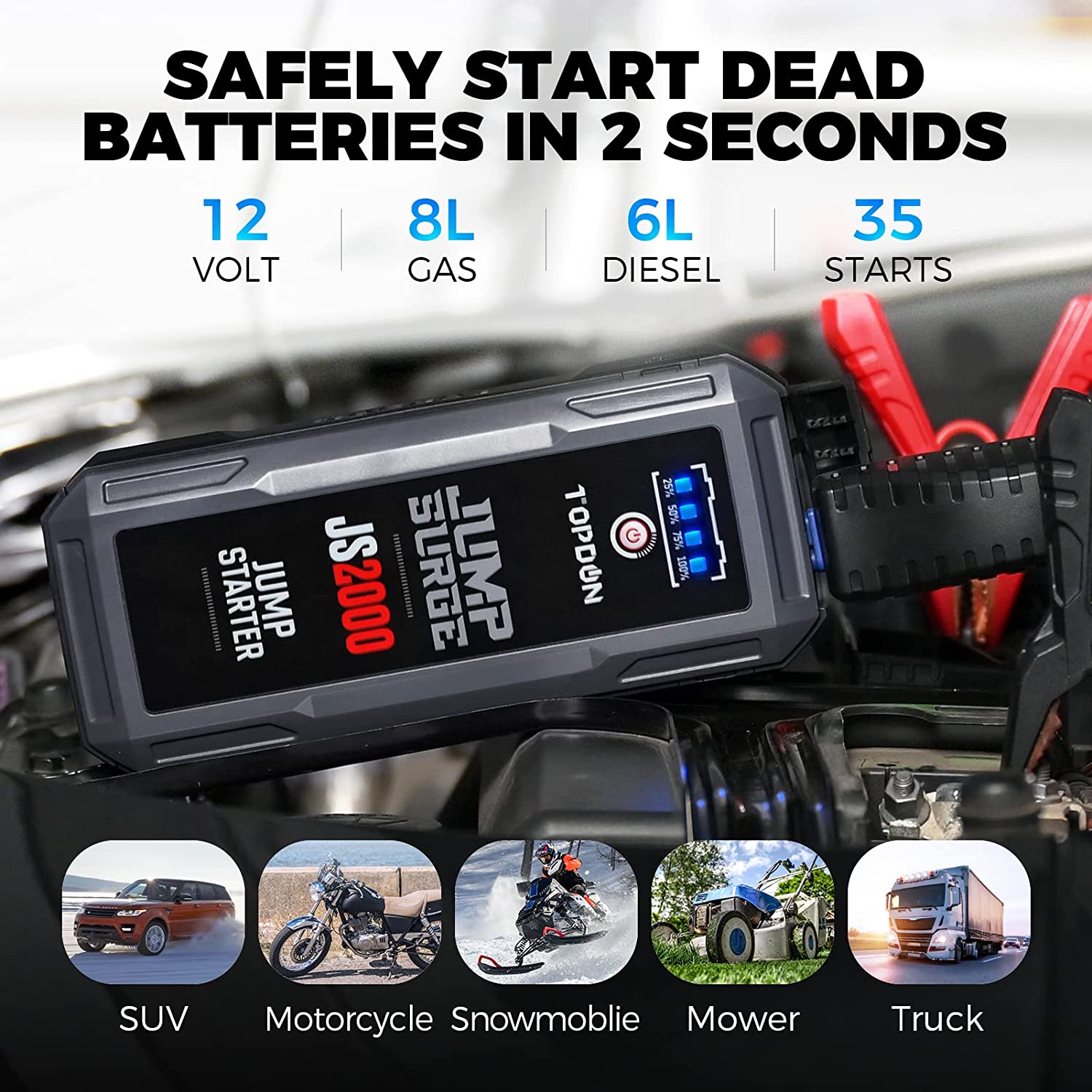 Topdon Car Battery Charger Jump Starter, TOPDON JS2000 12V 2000A Peak Battery Jump Start for Up to 8L Gas/6L Diesel Engines