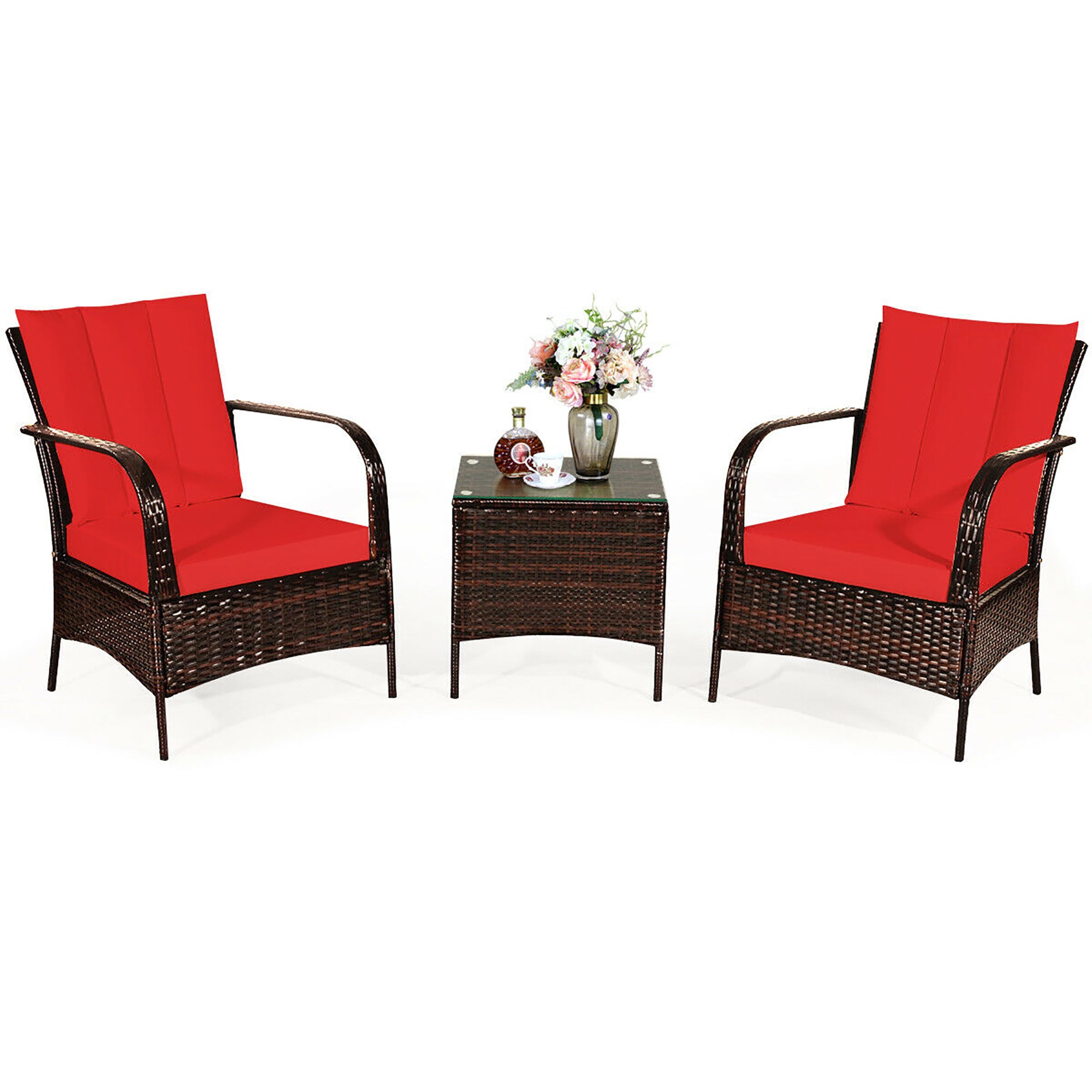 Costway 3 PCS Patio Rattan Furniture Set Coffee Table &a; 2 Rattan Chair W/Red Cushions
