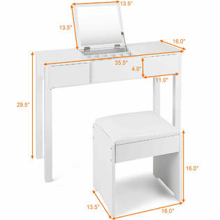 Gymax Vanity Dressing Table Set Mirrored Bedroom Furniture W/Stool &a;Storage Box White New