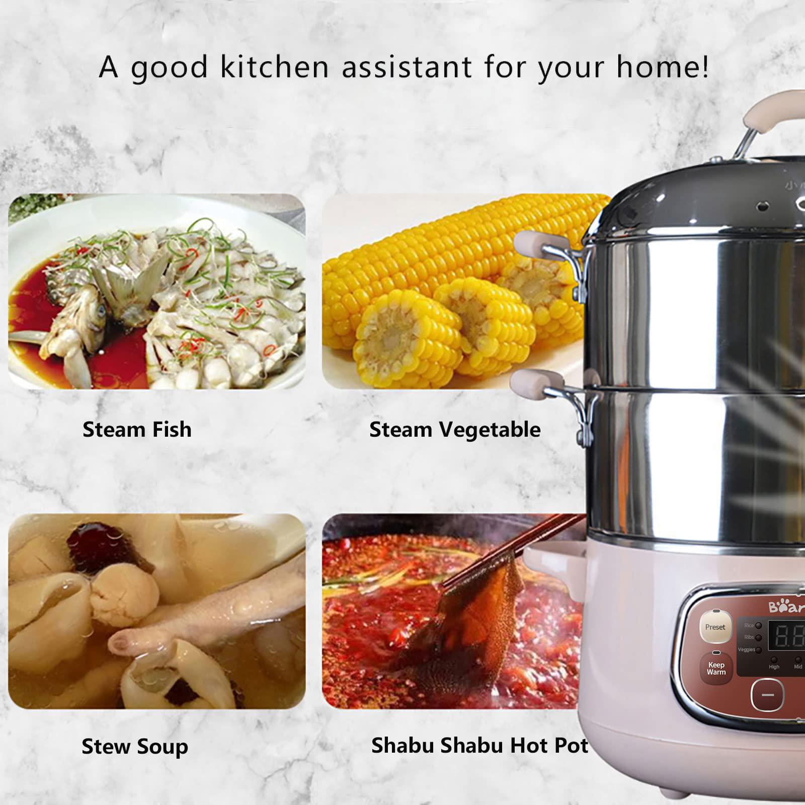 Bar bear electric food steamer,stainless steel digital steamer, 3 tier 8l large capacity vegetable steamer, auto shut-off &a; anti-