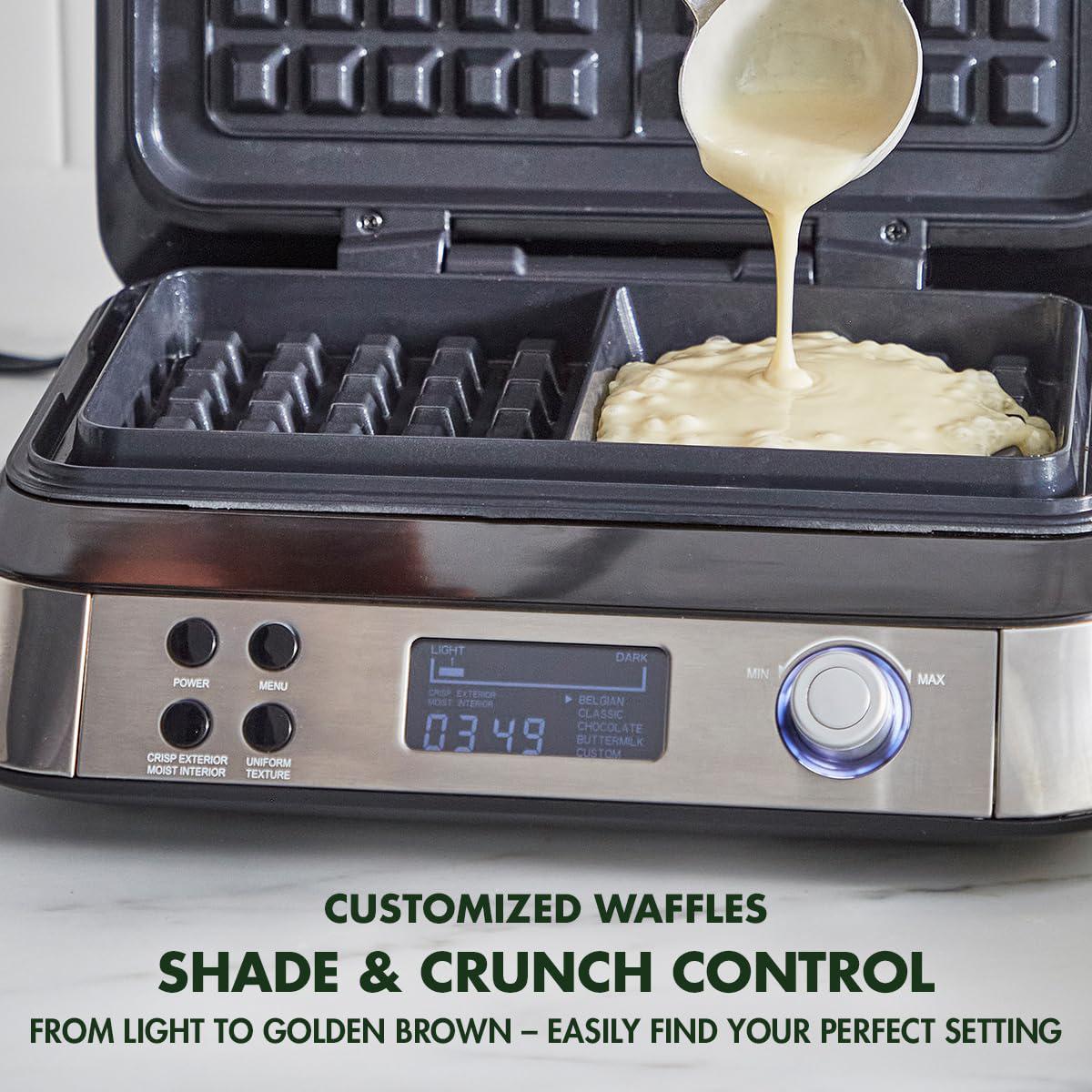 Green Pan greenpan stainless steel 2-slice belgian waffle maker iron, healthy ceramic nonstick plates, adjustable settings and presets,