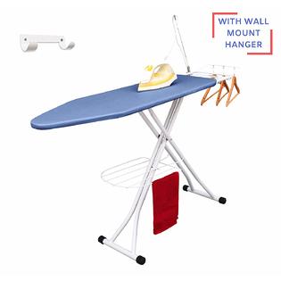 Xabitat Deluxe Ironing Board with Wall Mount Storage, Storage Tray for Finished Clothes, Wire Rack for Hanging - Grey / Blue