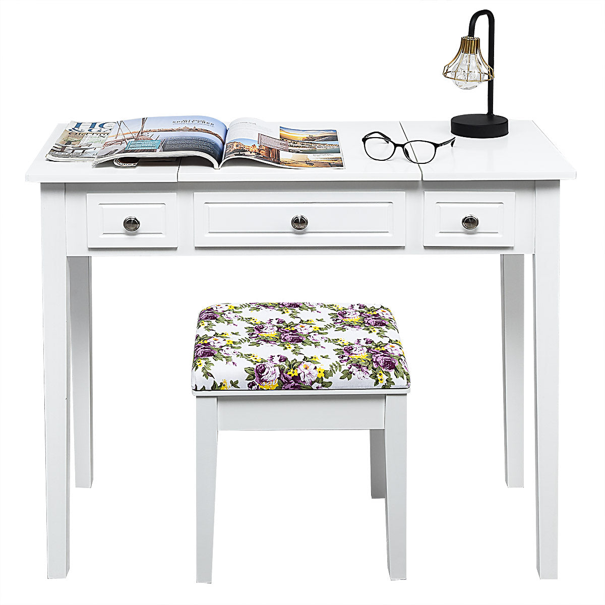 Topbuy Makeup Table Set w/Cushioned Stool for Girl Women Vanity Dressing Table Set White