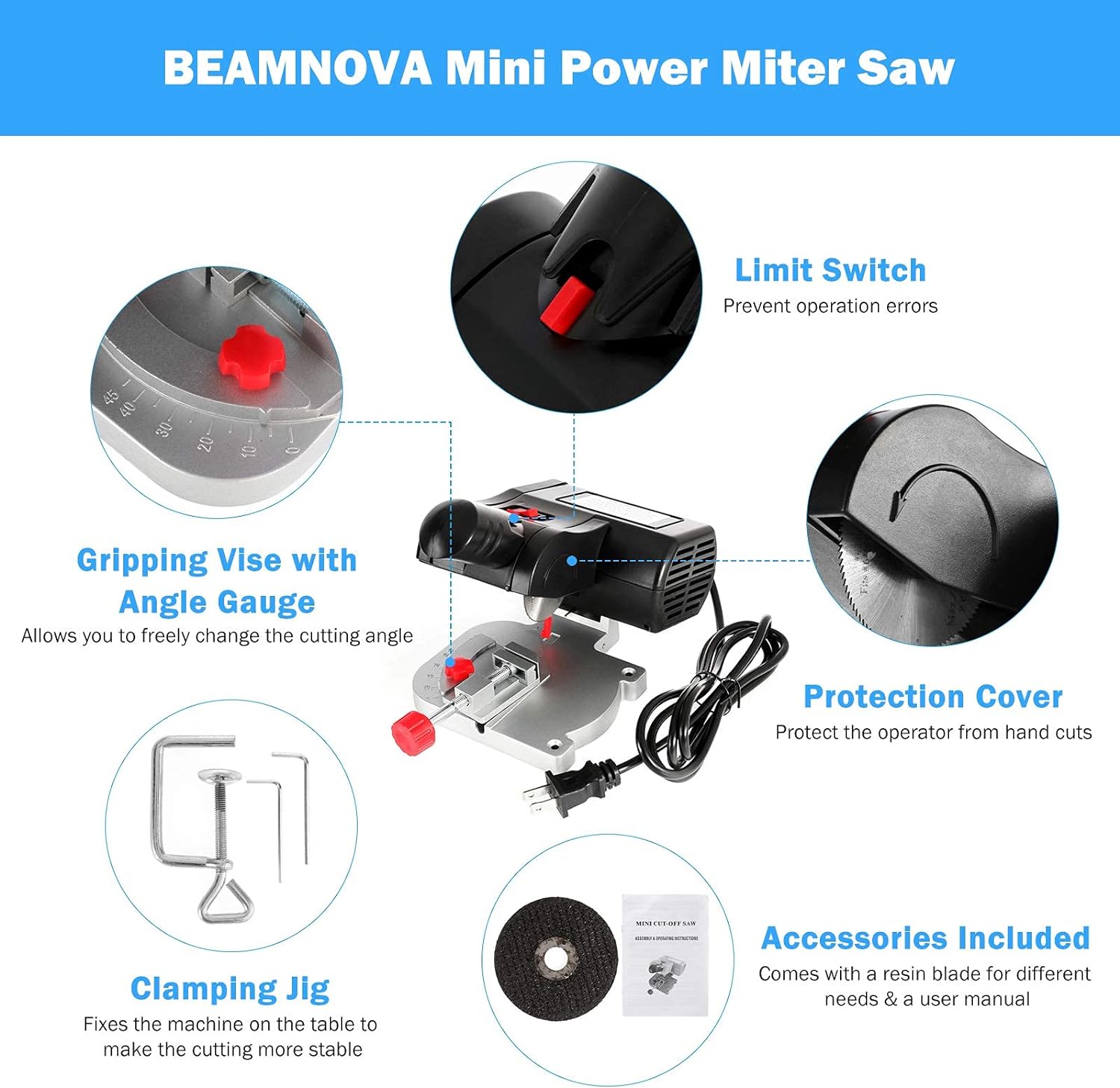 Generic Mini Miter Saw Electric Power Table Saw Benchtop Cut-Off Chop Saw Max 45 Degree Cutting for Crafts Miniatures Metal Wood Plasti