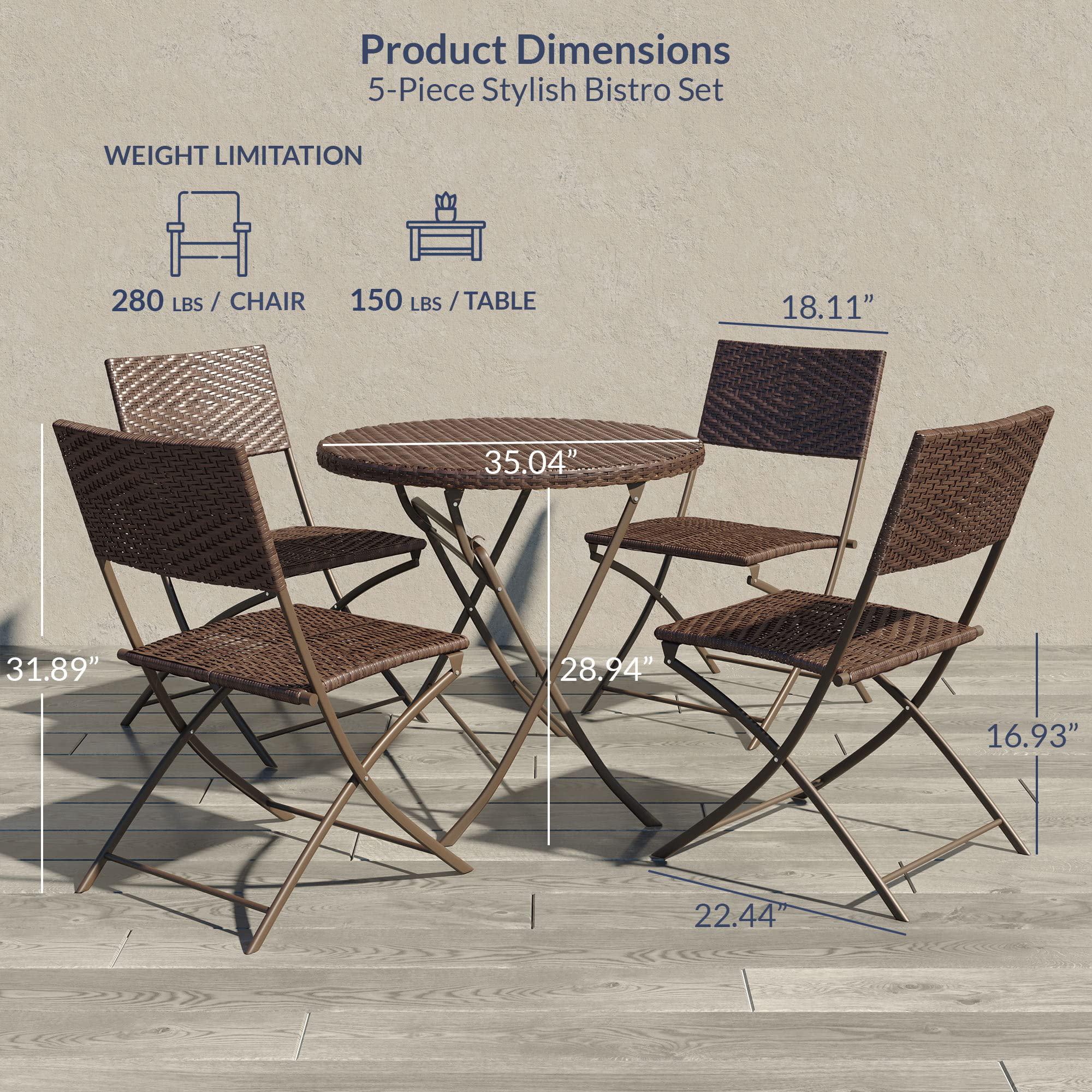 belleze 5 piece modern rattan patio bistro set, dining chair set with folding table and four chairs, weather-resistant wicker